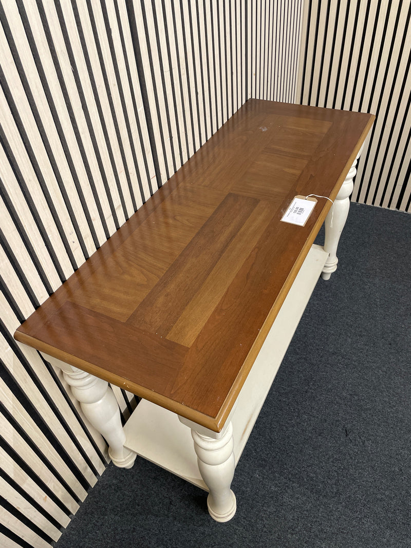 Rectangular console table with wood top and white turned legs.  44521