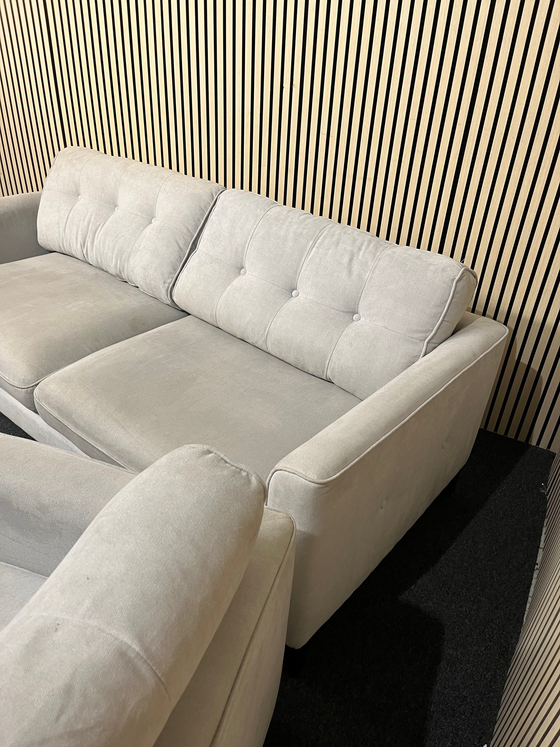 3 seater grey fabric sofa with return and matching armchair 3325