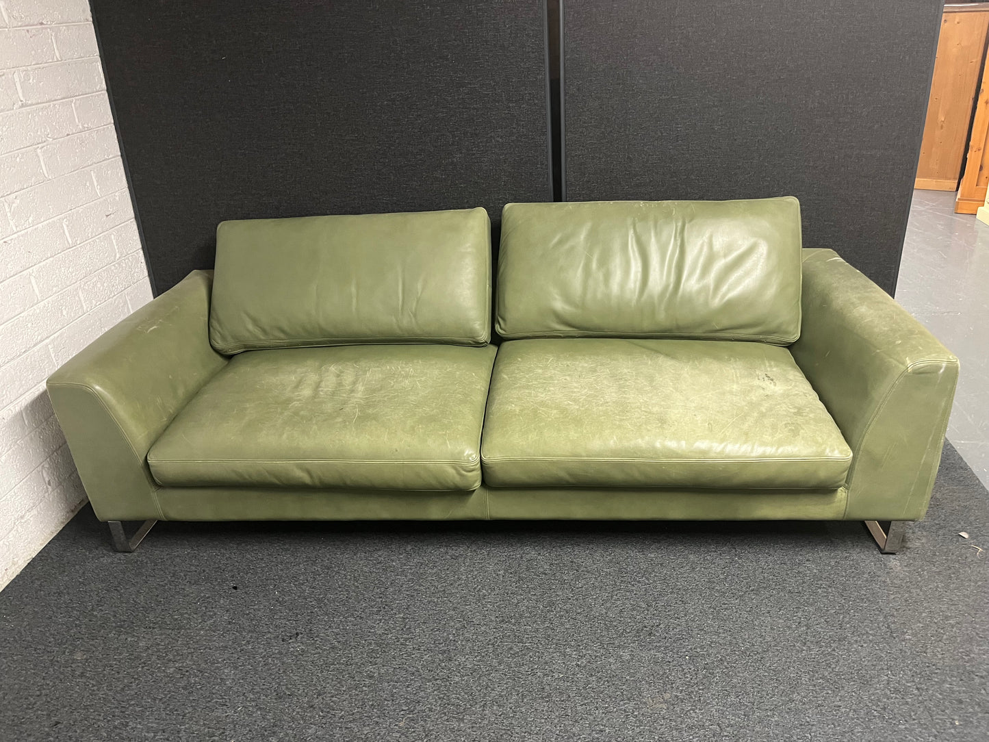 Large Olive Green REAL leather 4 seater sofa (W 2400 x D 950 x Seat H 450 mm) 1225