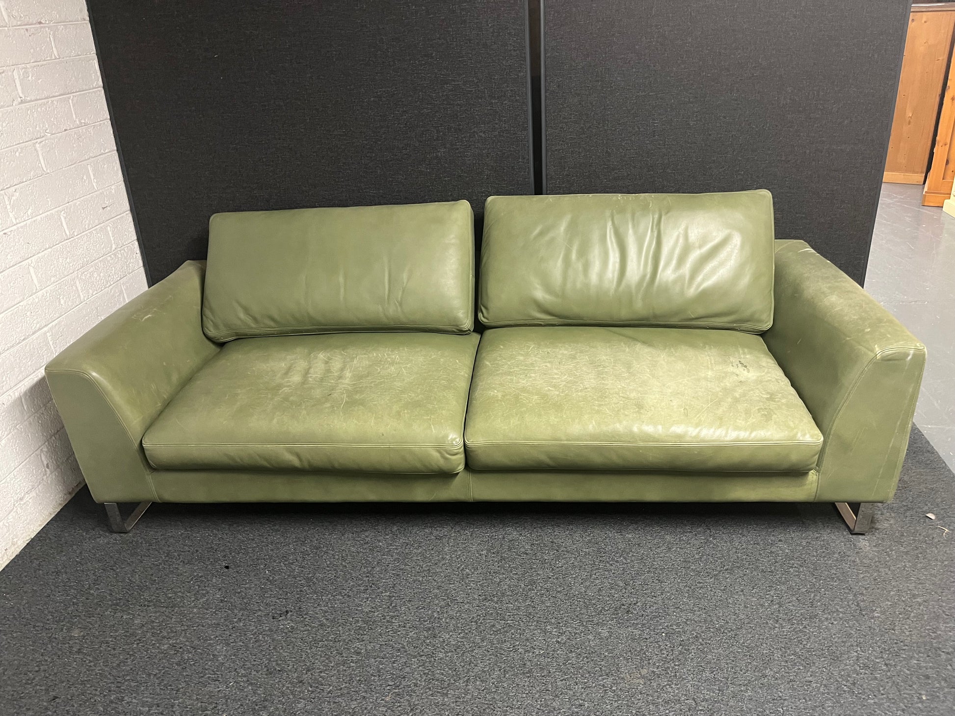 Large Olive Green REAL leather 4 seater sofa (W 2400 x D 950 x Seat H 450 mm) 1225