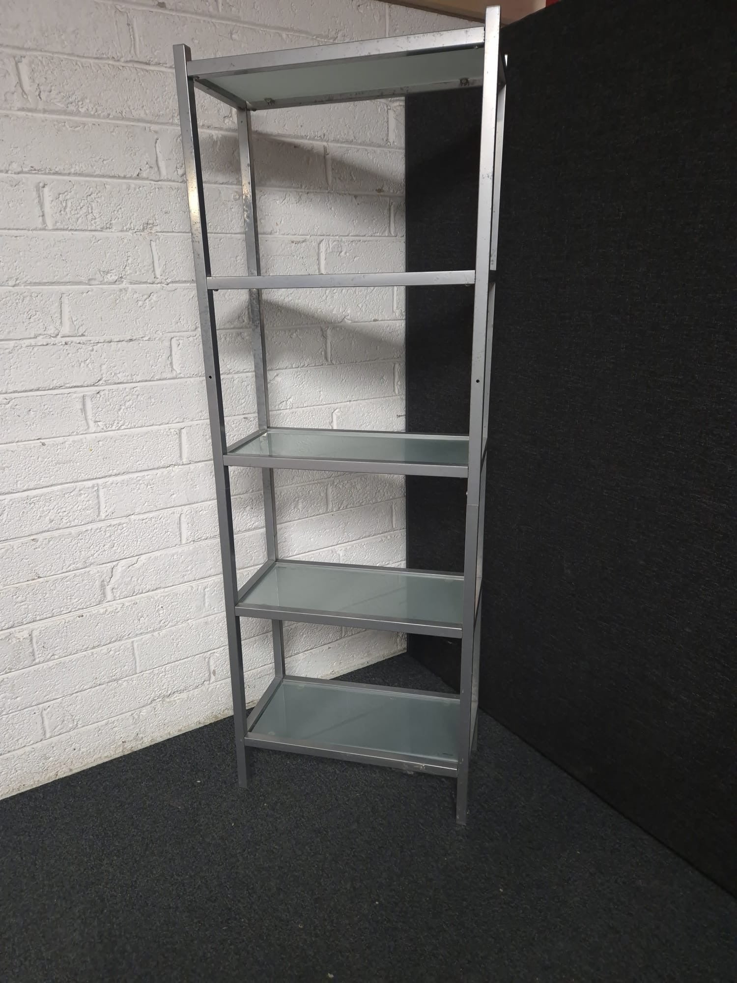 Tall silver metal and glass shelf tiered display unit (H 1700 x W 600 x D 300 mm) 1225