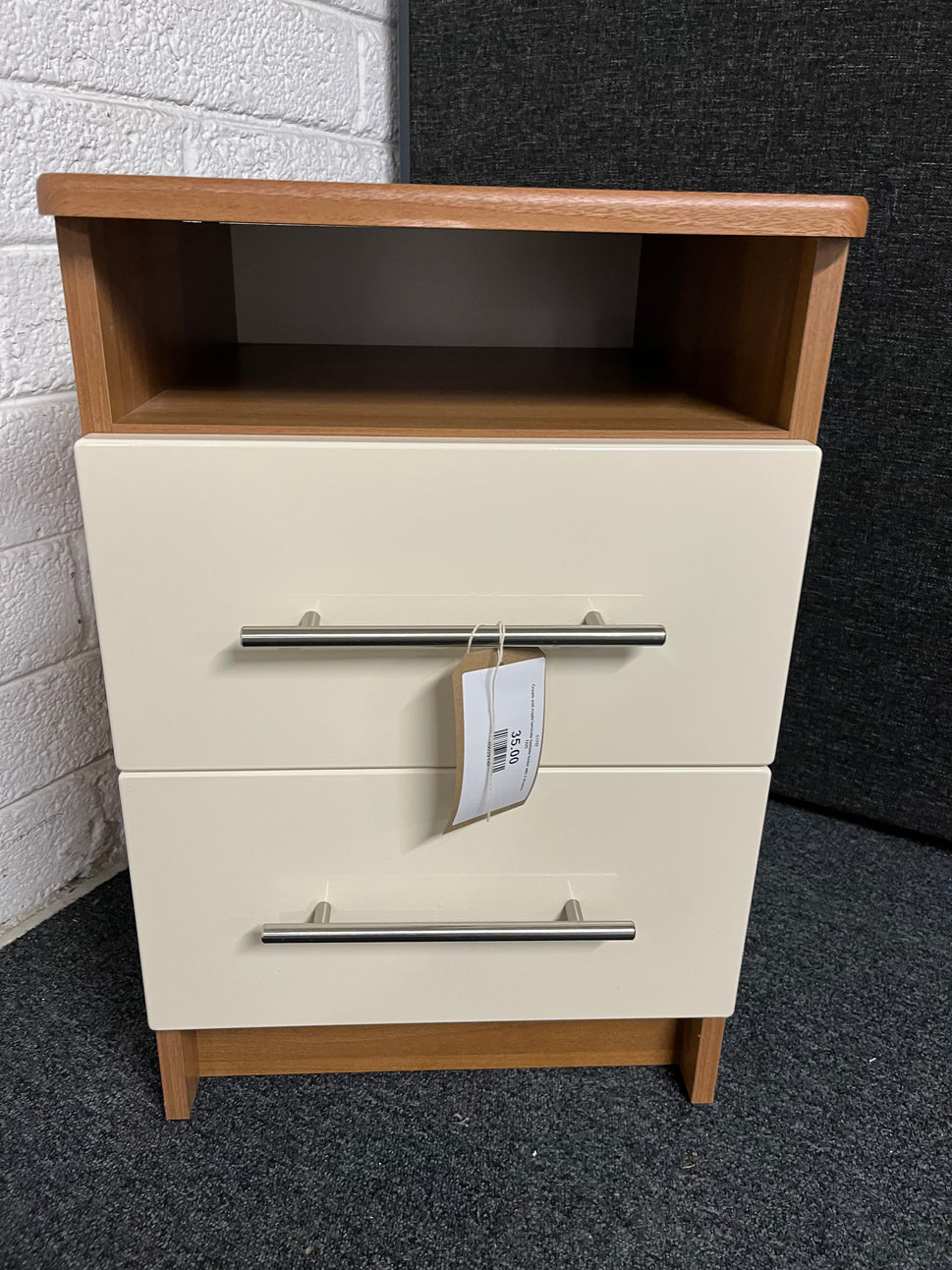 Cream and maple laminate bedside locker with 2 drawers 1225