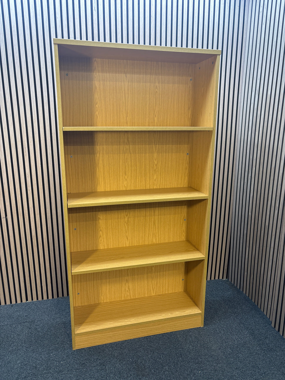 Tall oak laminate slim open bookcase with shelves 183Hx30Dx92W  J3929