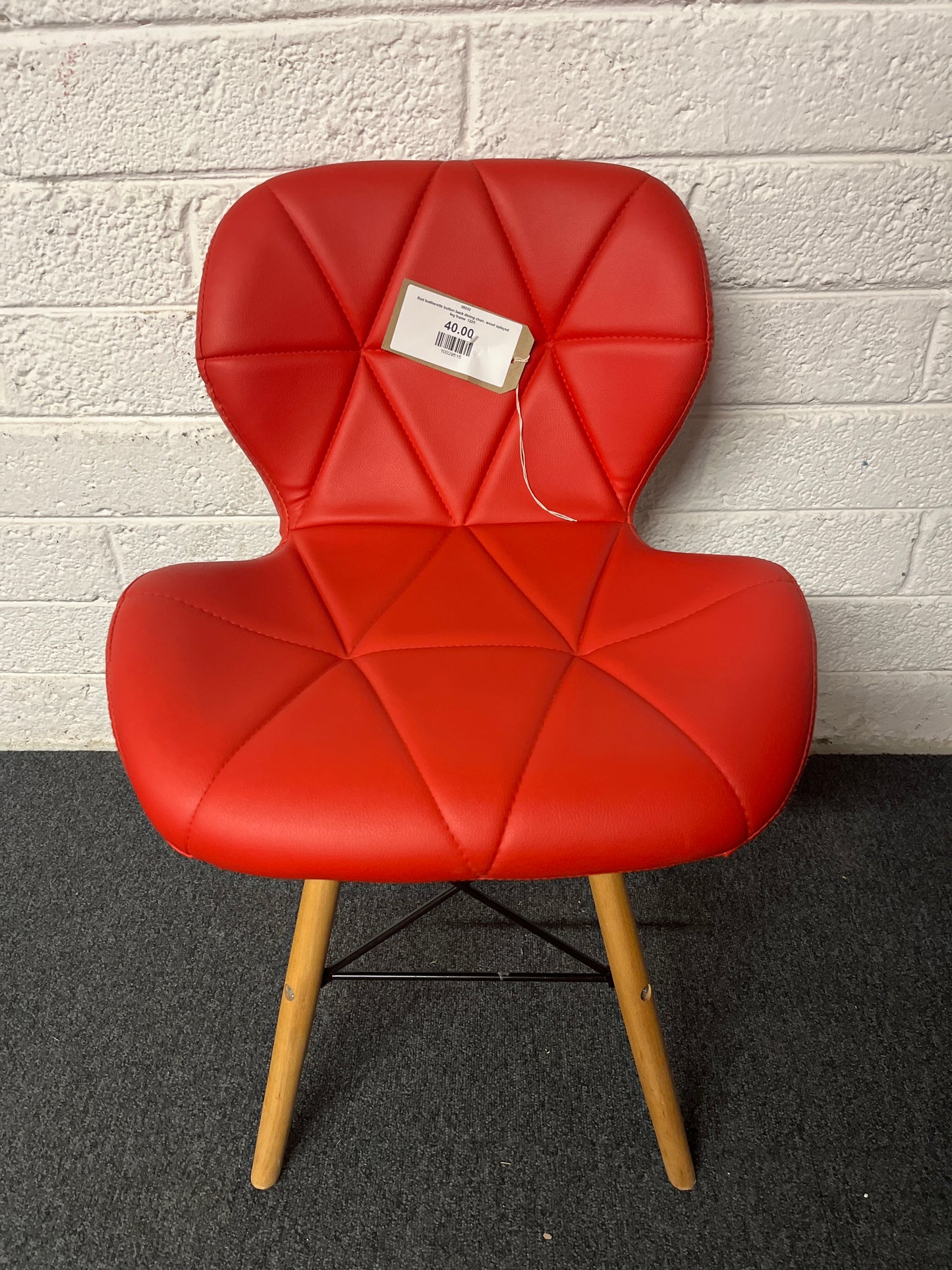 Red leatherette button back dining chair, wood splayed leg frame  1225