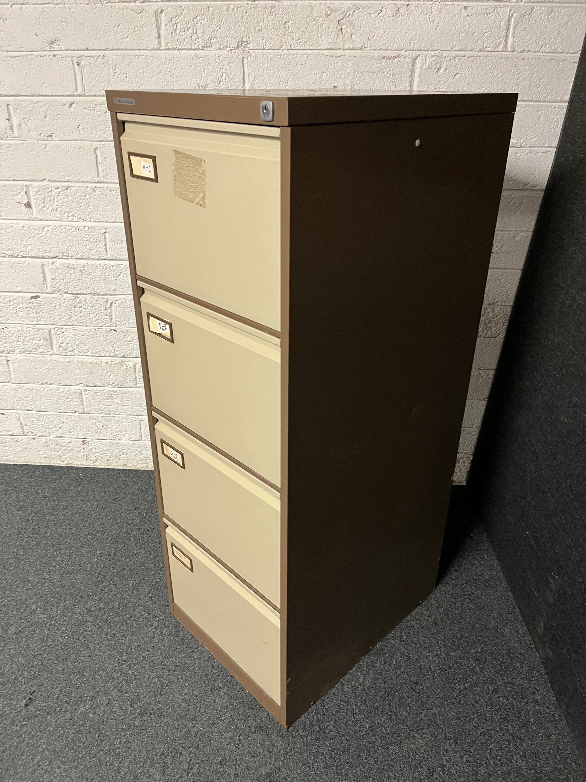 SECONDHAND Vickers Trimline coffee and cream 4 drawer filing cabinet
