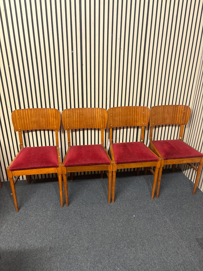 Set of 4 no. Mid-century style wooden dining chair with red velvet upholstered seat.  44727