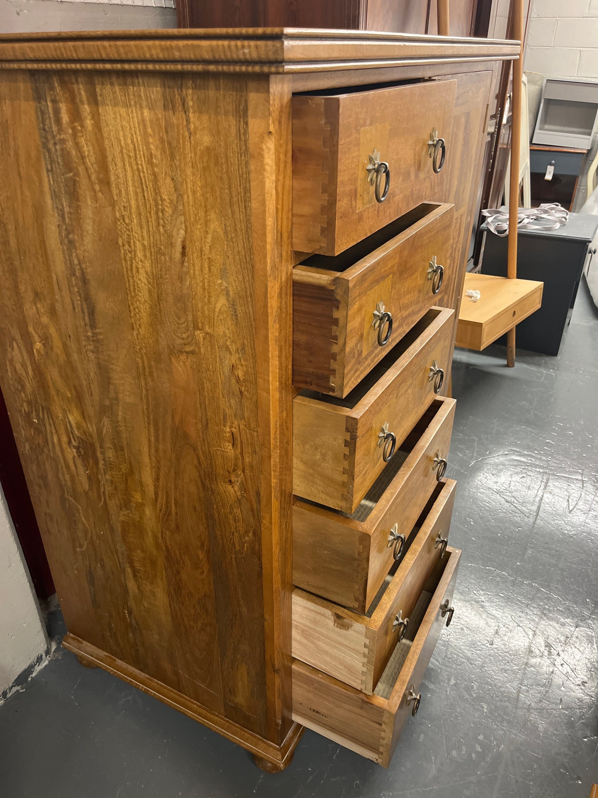 Ornate mahogany inlaid 5 drawer 1 door bedroom strorage chest.(H 135 x W 115 x D 65 cm) PART OF A SET BUT CAN BE SOLD SEPARATELY 2225