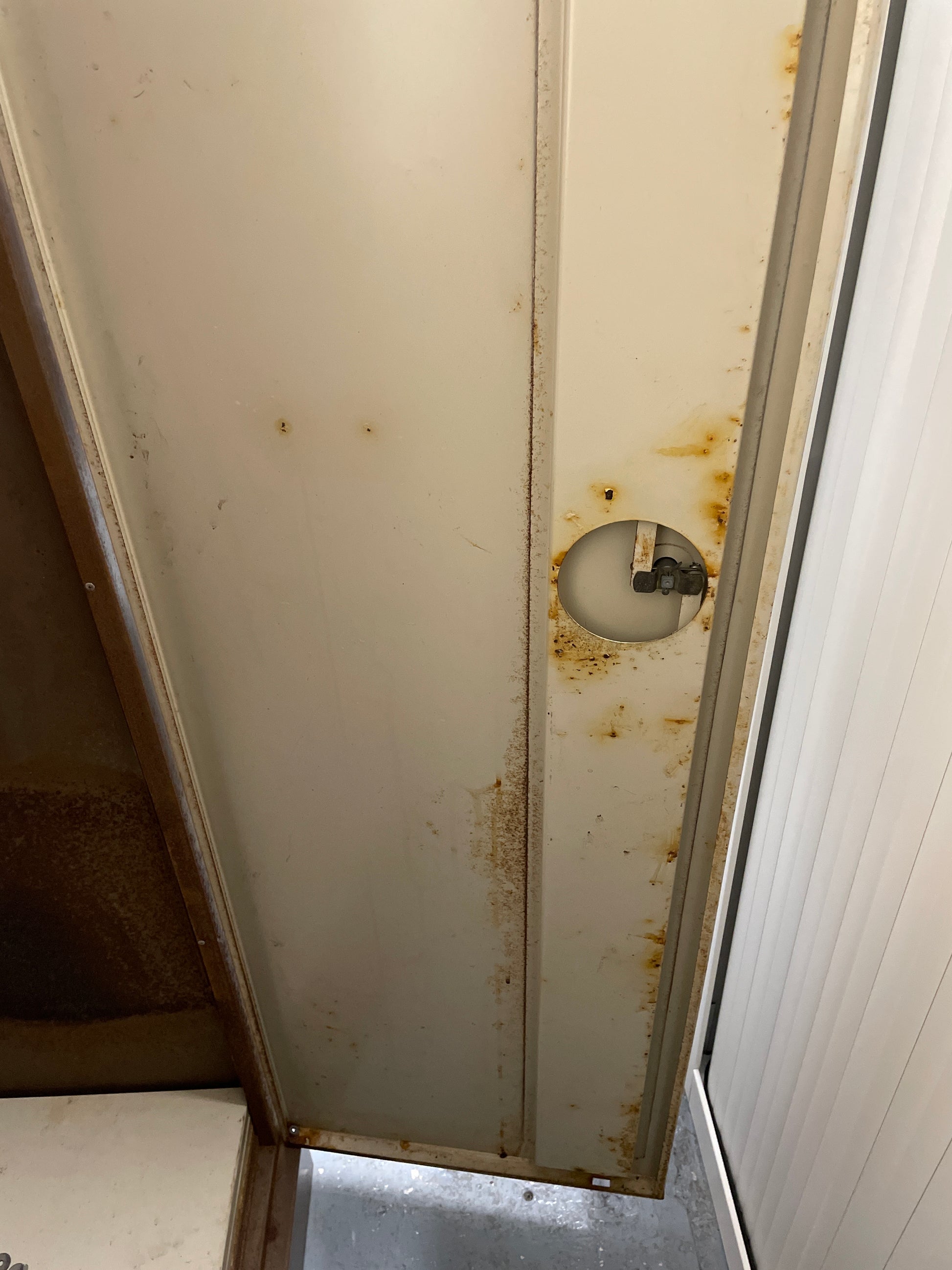 Tall 6x3 steel storage unit with 3 no. adjustable internal shelves in coffee cream metal.