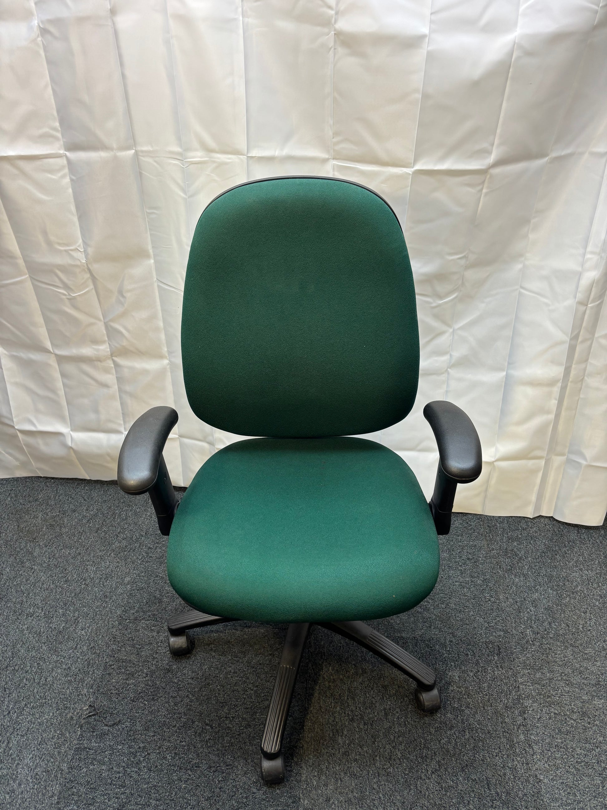 High back multifunction swivel chair, 3 lever mechanism, adjustable arms, pump up lumbar support, in forrest green fabric   J3926