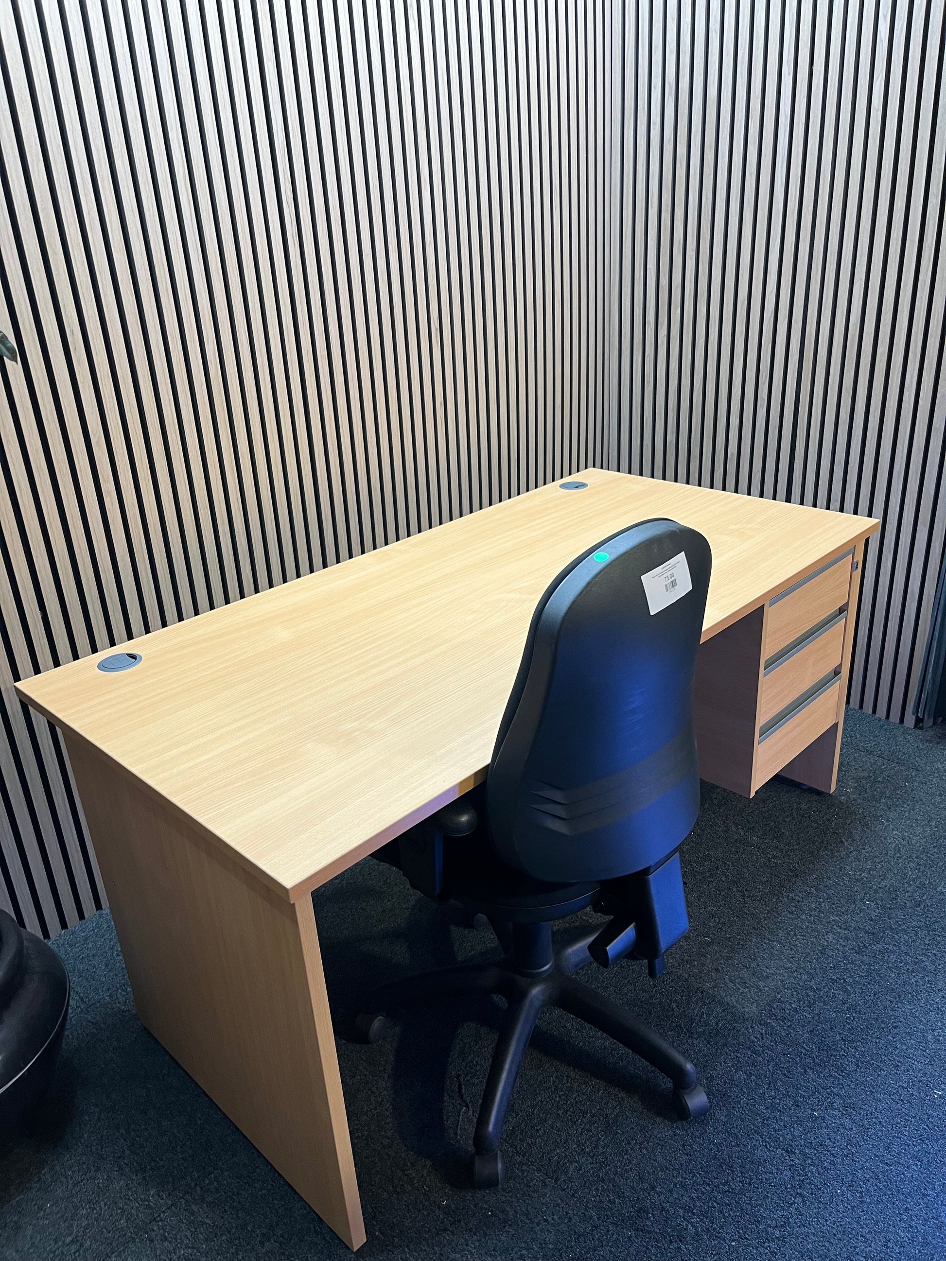 Liquidated Beech panel leg desk with fixed pedestal (white laminate modesty panel)