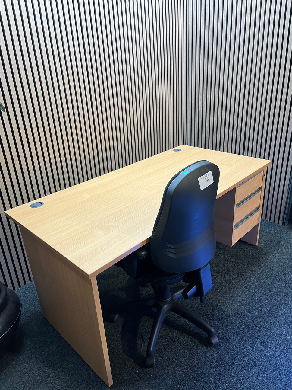 Liquidated Beech panel leg desk with fixed pedestal (white laminate modesty panel)