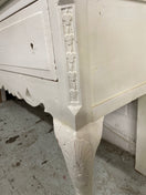 Large white dresser featuring glass shelves and decorative scalloped edges.  44522