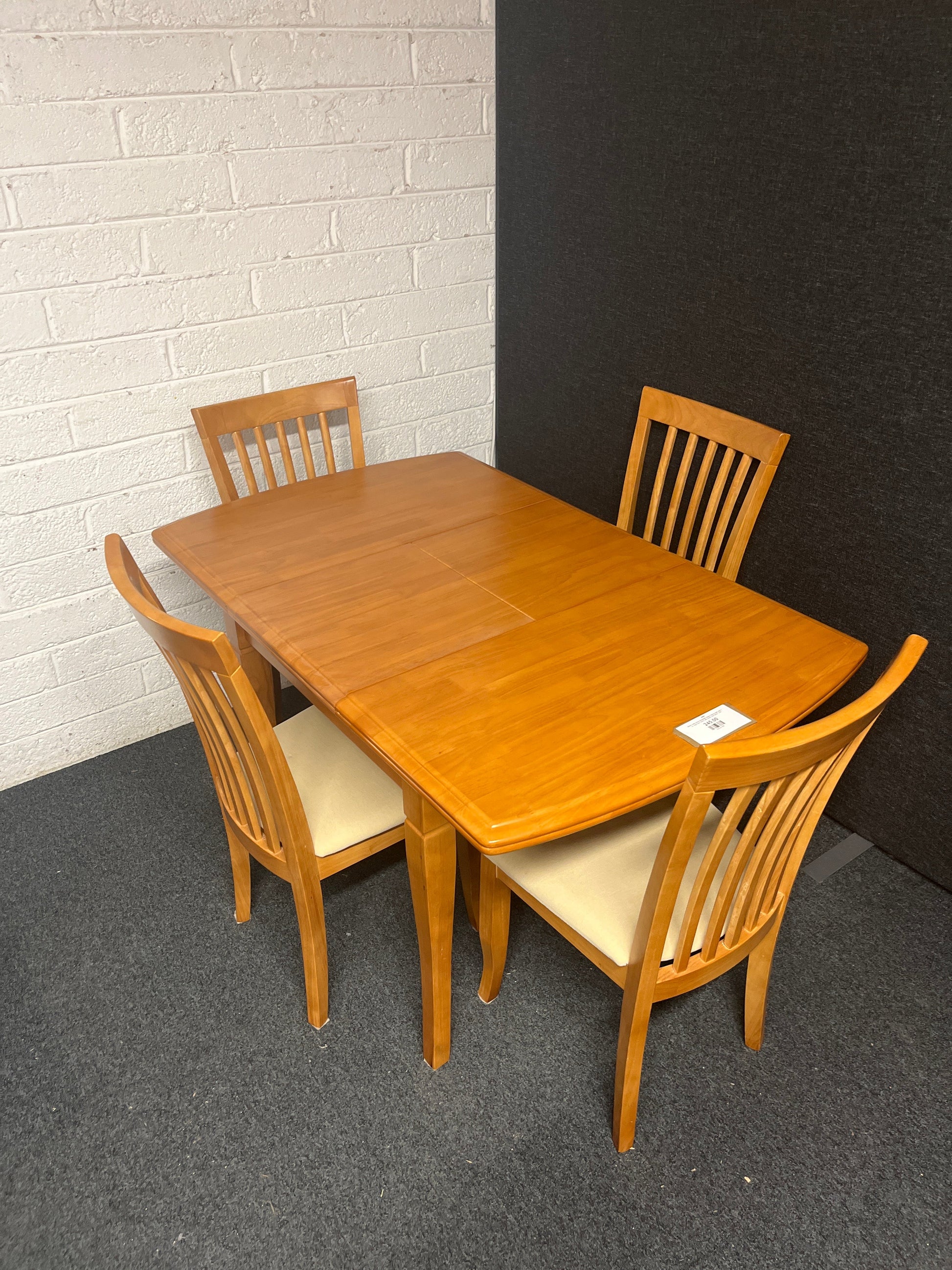 Beech solid wood extendable square dining table with 4 no. high back chairs with cream seat fabric  1225