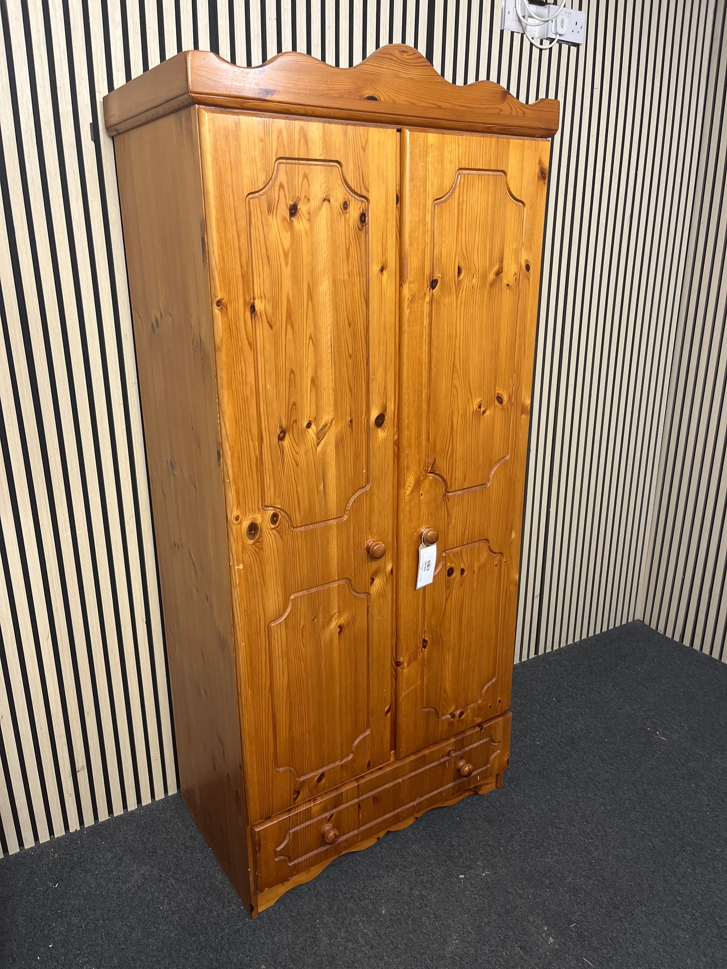 Natural pine tall 2 door 1 drawer wardrobe (H 187 x W 86 x D 51 cm) 43661