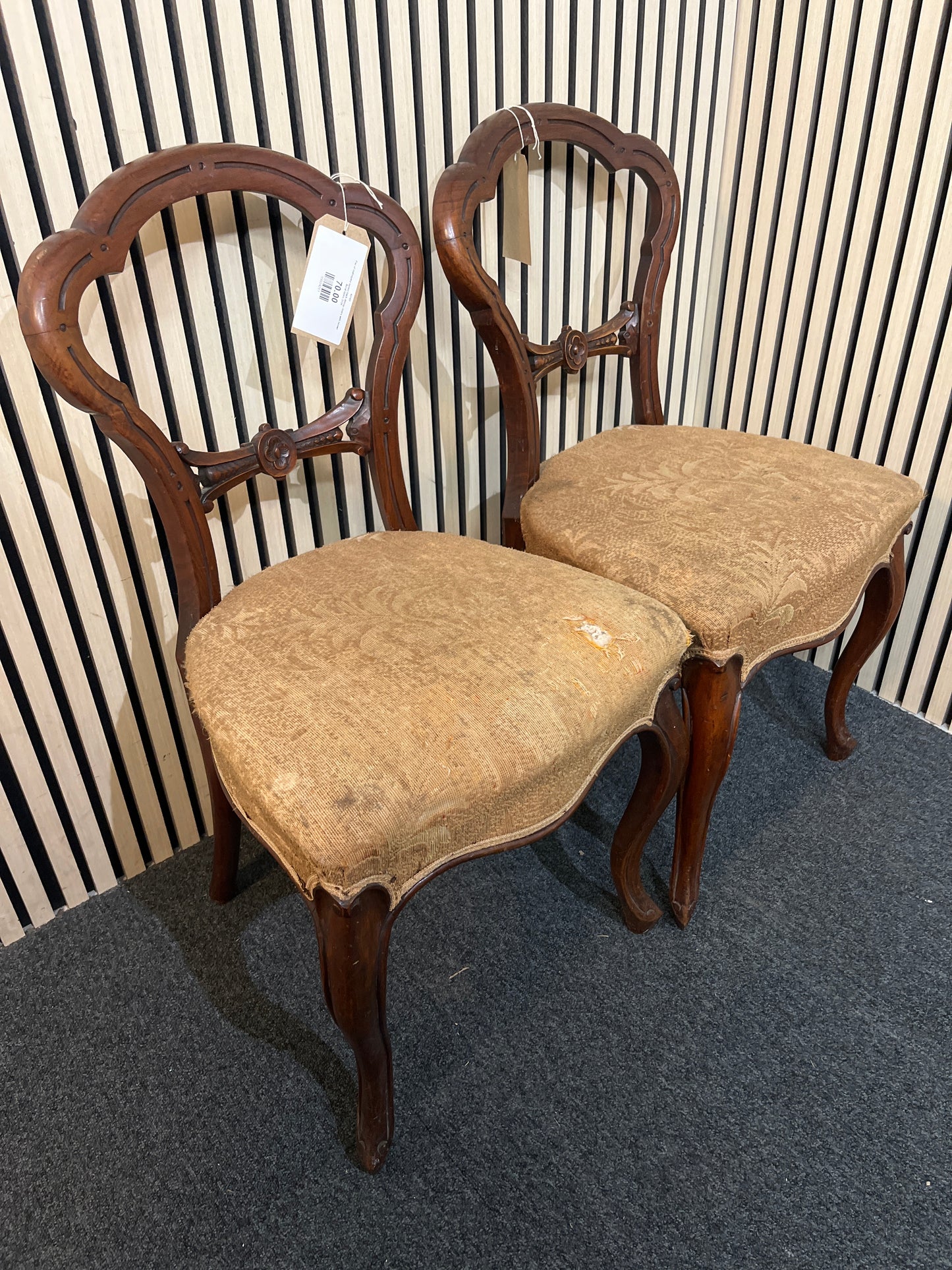 Pair of mahogany spoon back dining chairs with brown floral fabric 3126