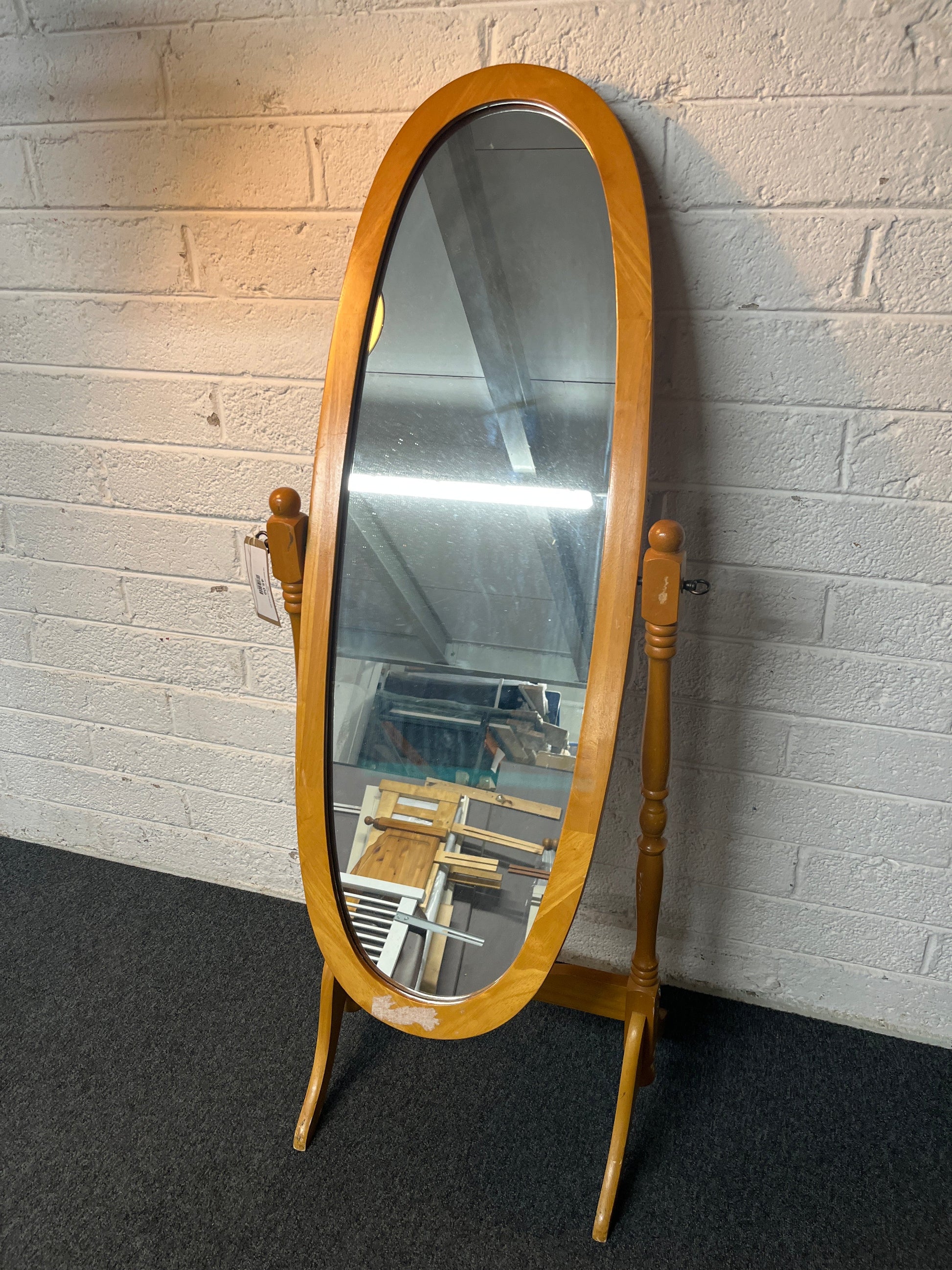 Tall natural pine cheval mirror on stand 2225