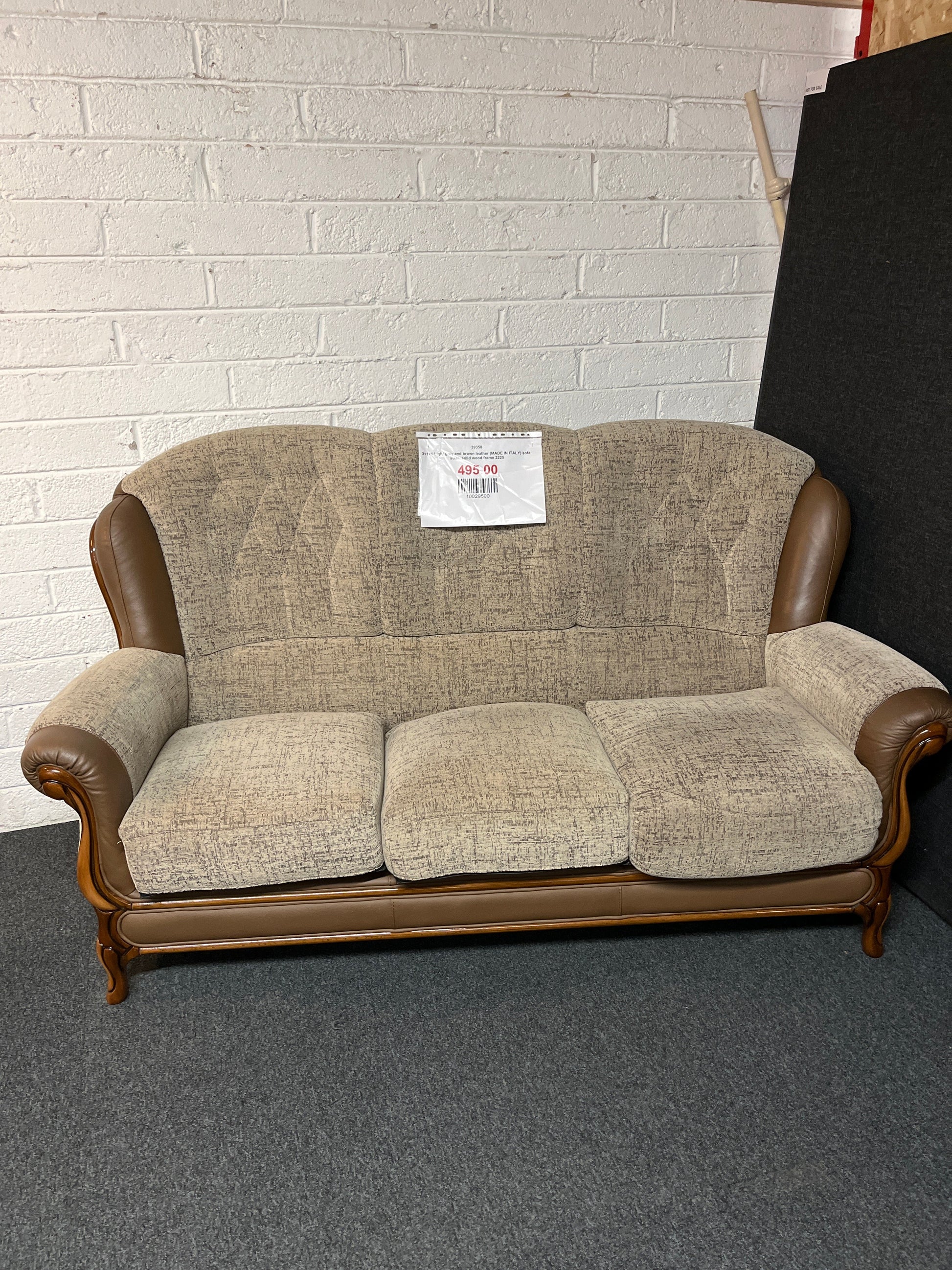 3+1+1 Light grey and brown leather (MADE IN ITALY) sofa suite, solid wood frame 2225
