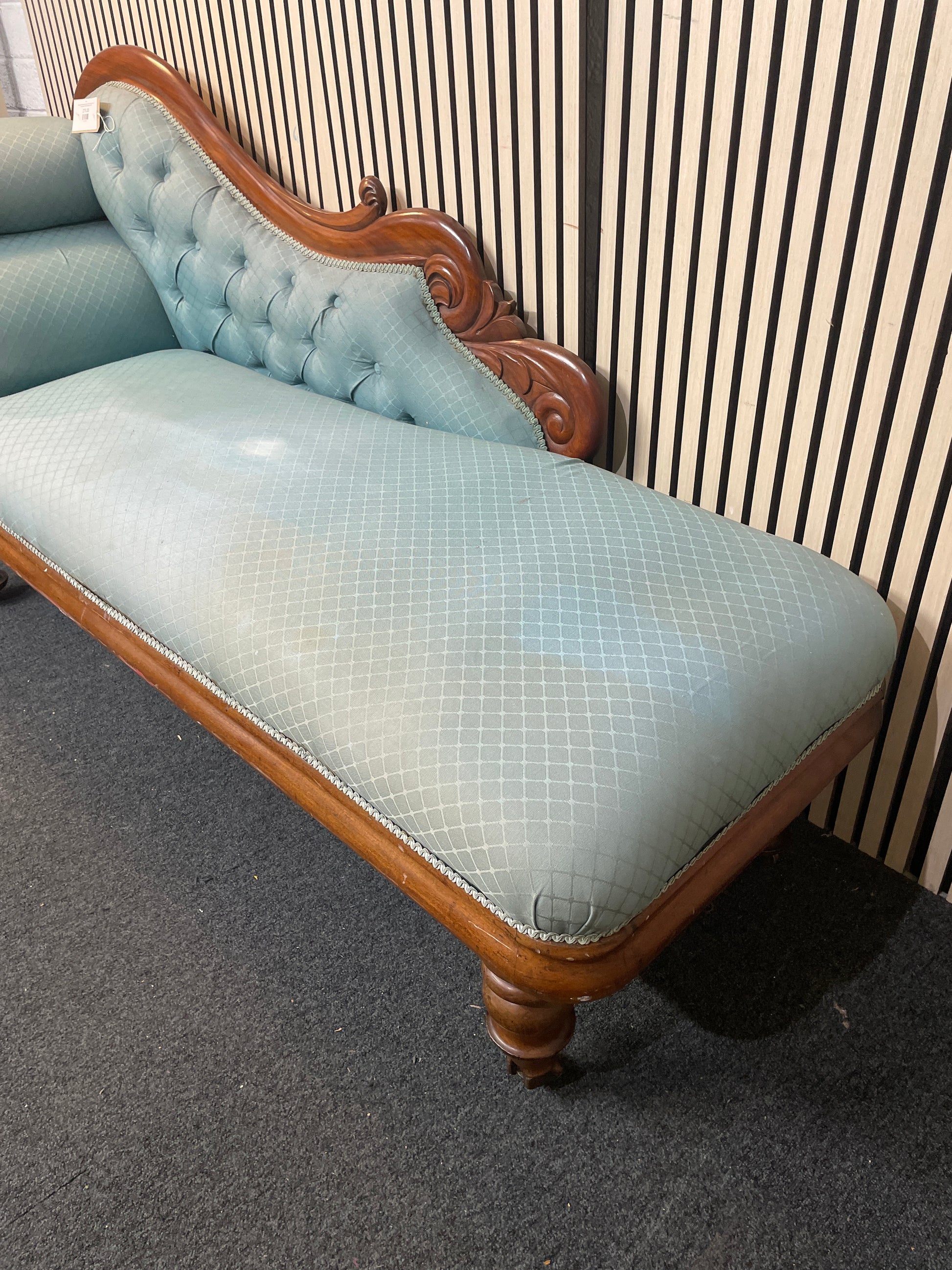 Ornate solid dark wood stained chaise lounge in green pastel fabric, ideal for upholstery 2425
