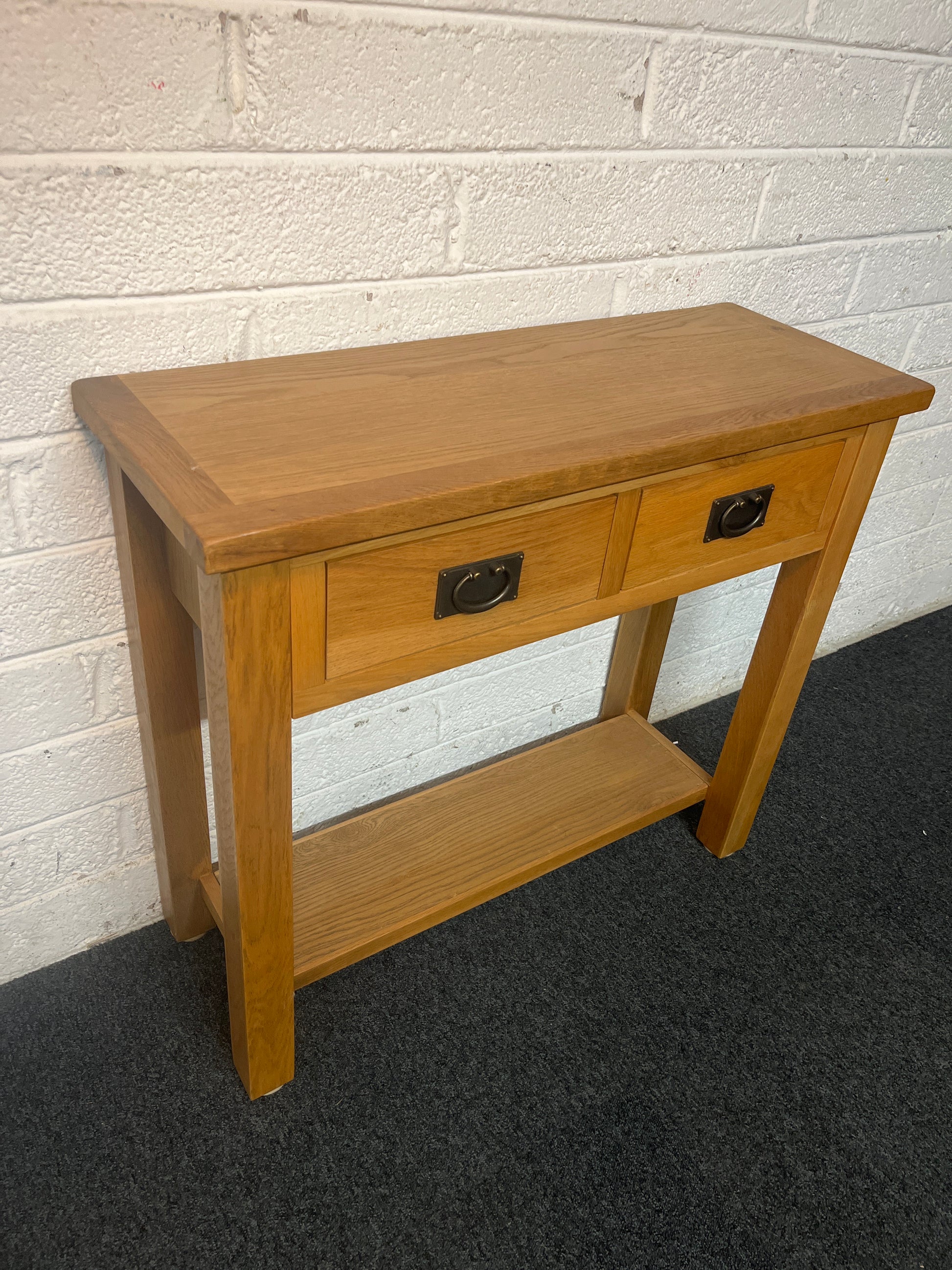 Solid oak 2 drawer console table with base shelf (H 74 x W 85 x  D 32 cm) 1325