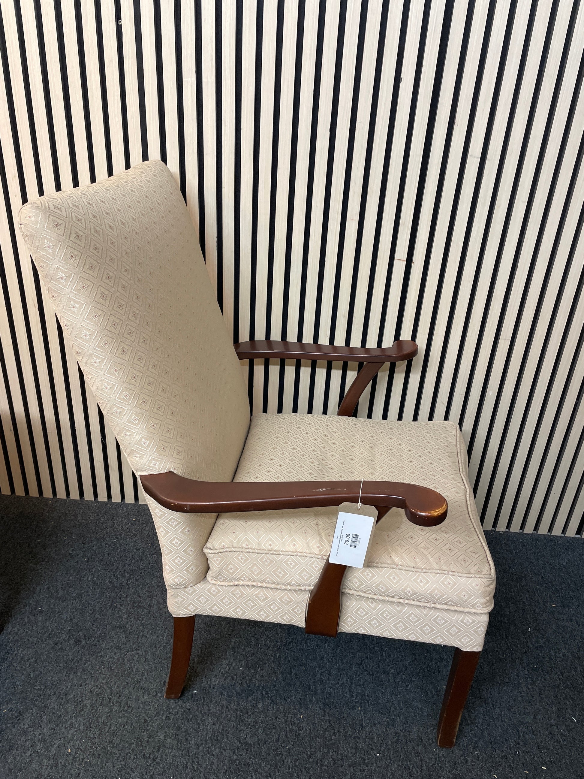 Cream fabric solid wooden framed armchair with wooden arms 2425