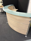 Switch SECONDHAND  Maple laminate half moon sectional reception counter with maple worktop, toughened and frosted glass tops 
134cm from outside to centre each section 3 image
