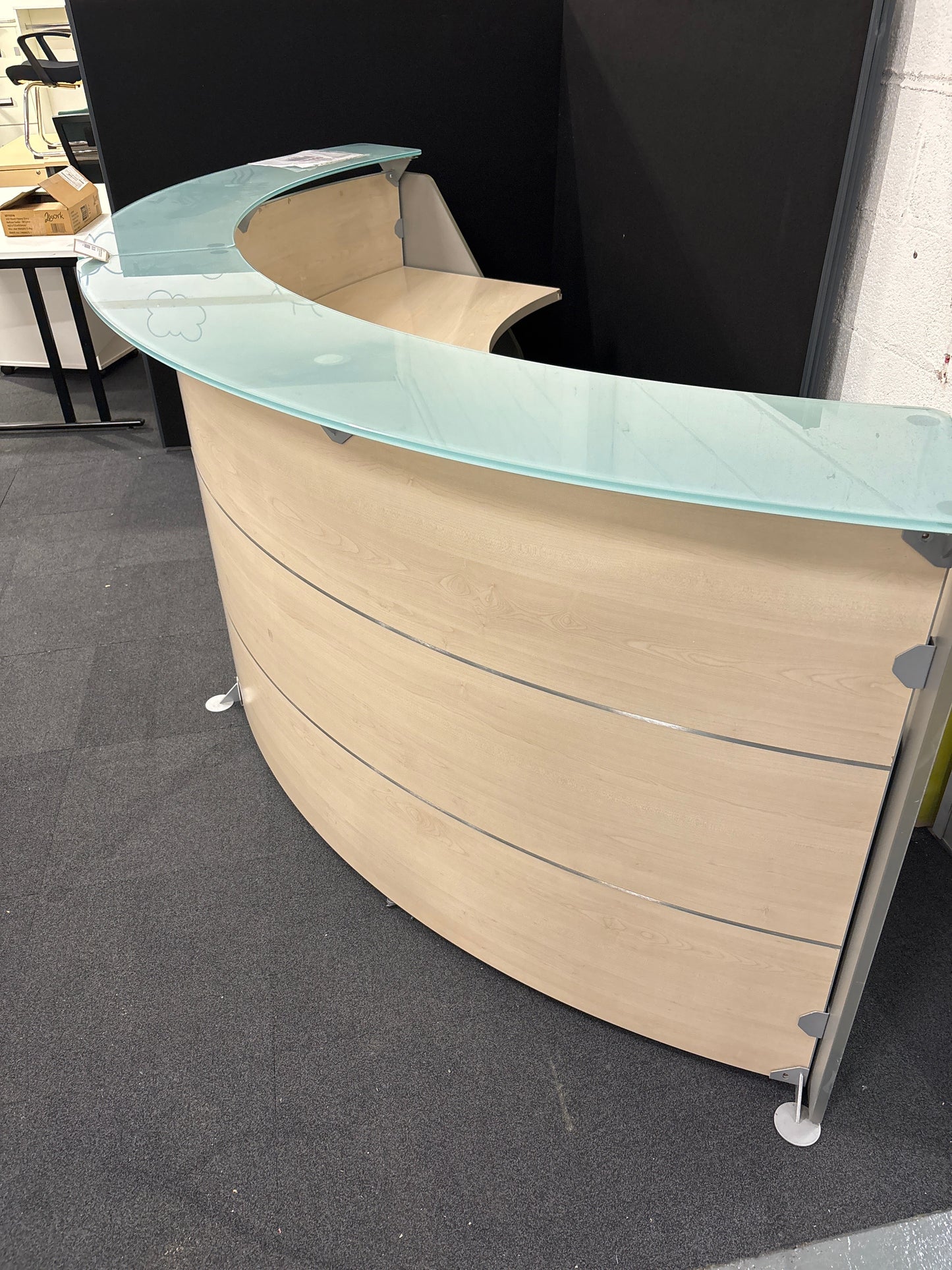 SECONDHAND  Maple laminate half moon sectional reception counter with maple worktop, toughened and frosted glass tops 
134cm from outside to centre each section