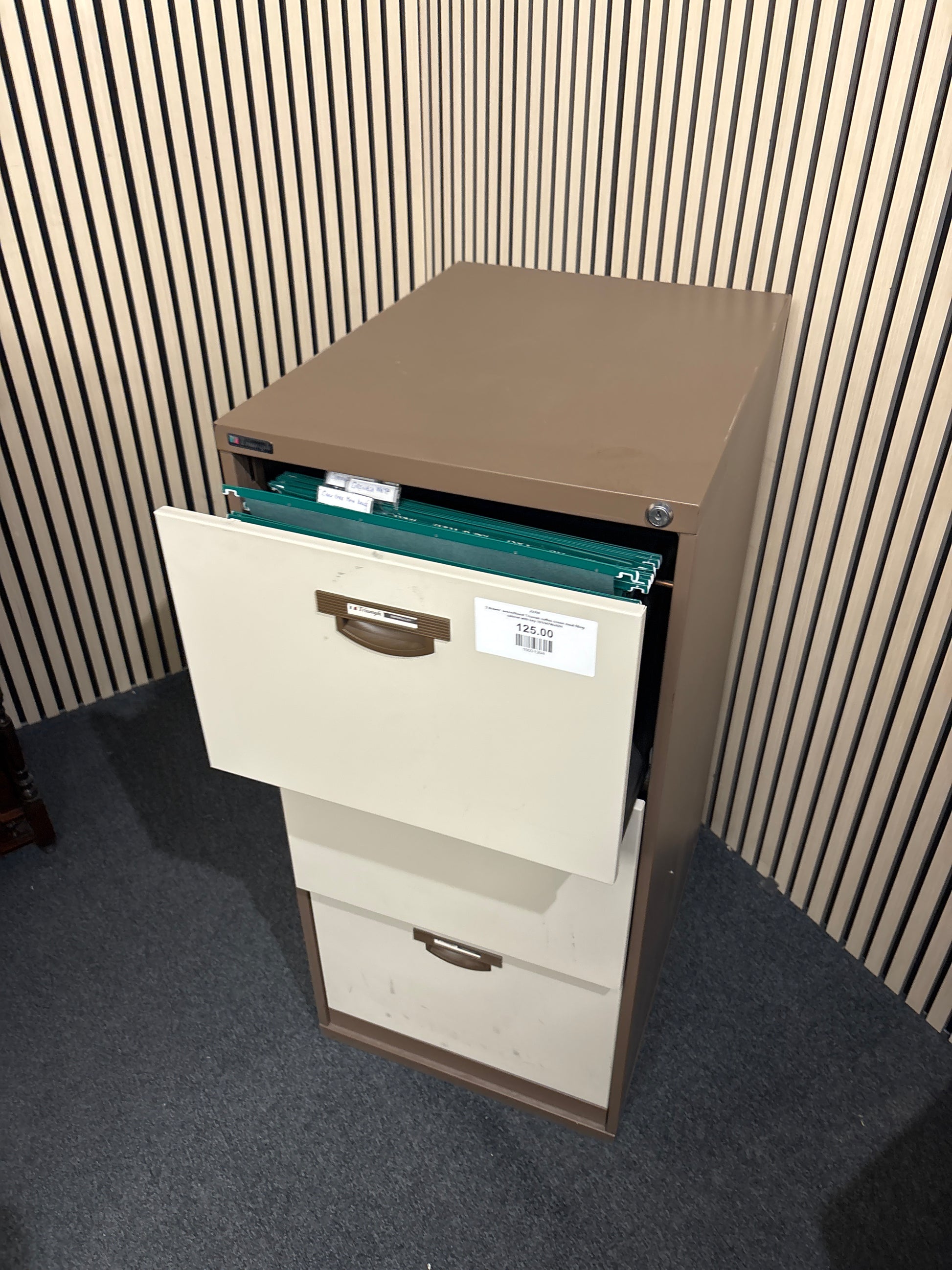 3 drawer  secondhand Triumph coffee cream meal filing cabinet with key 101H47Wx62H