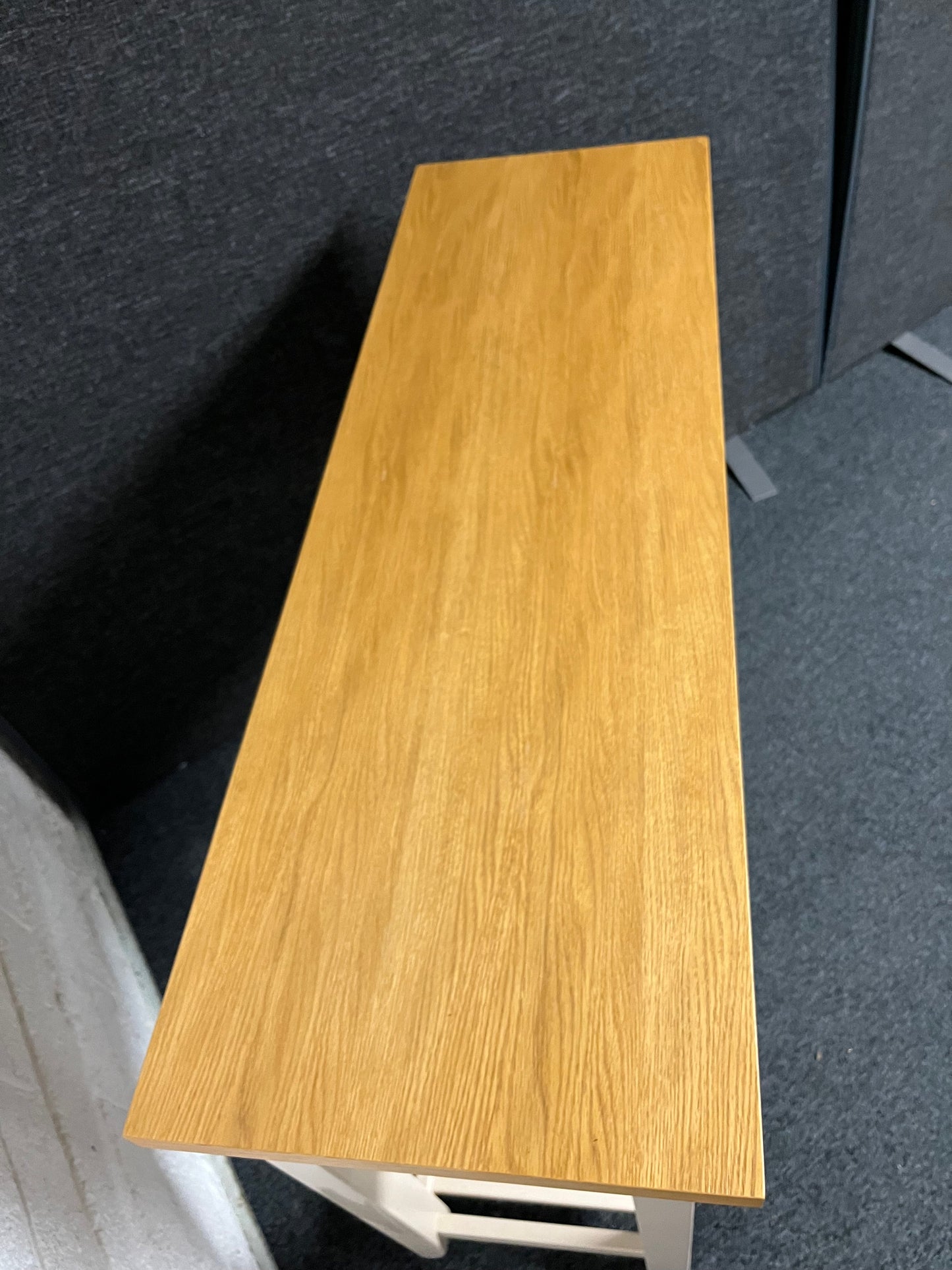 Solid oak top slim console table with cream painted frame, 3 drawers and shelf  1225