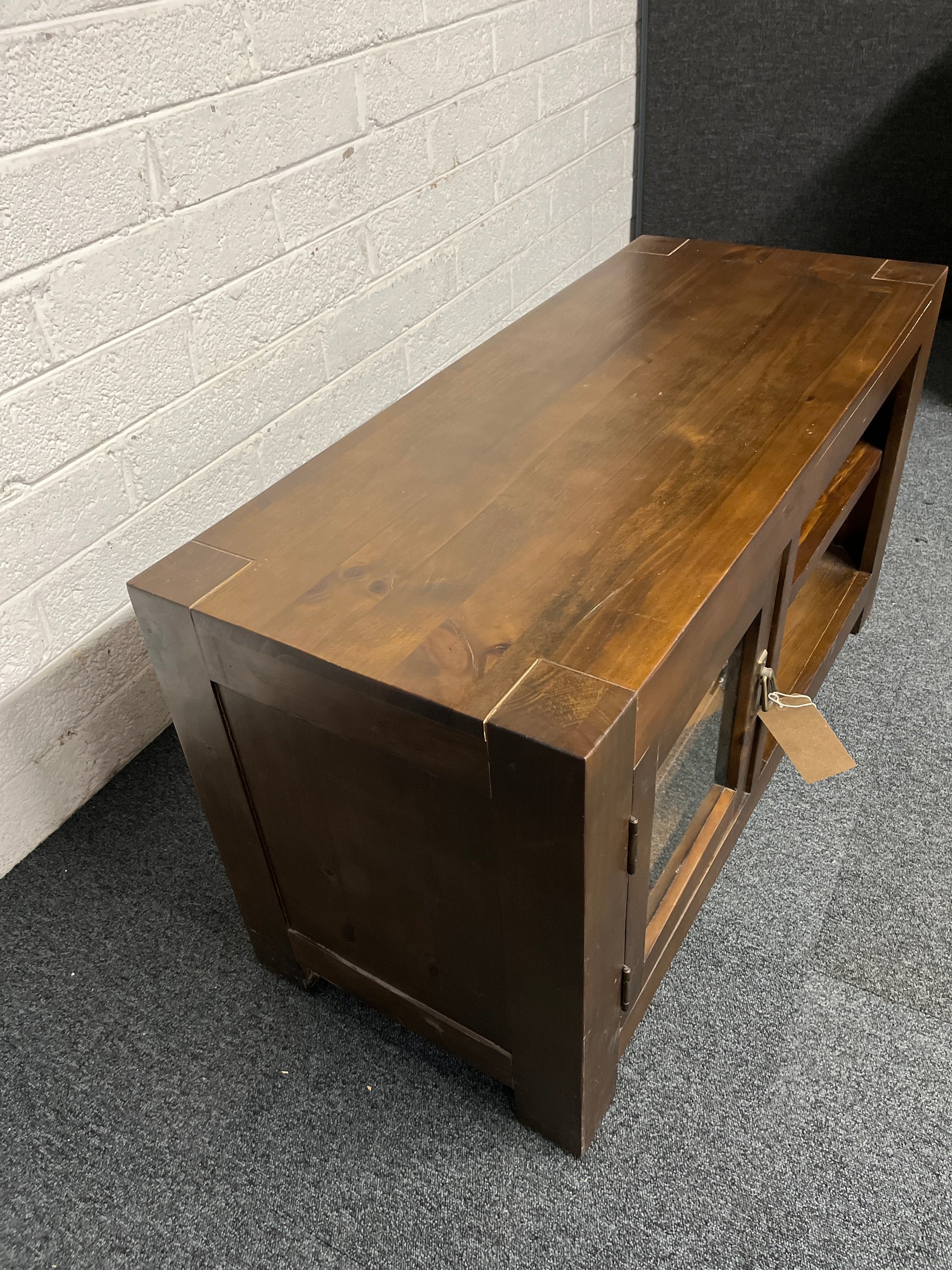 Solid dark wood stained 1 door low rectangular TV unit (H 580 x W 1060 x D 450 mm)  3125
