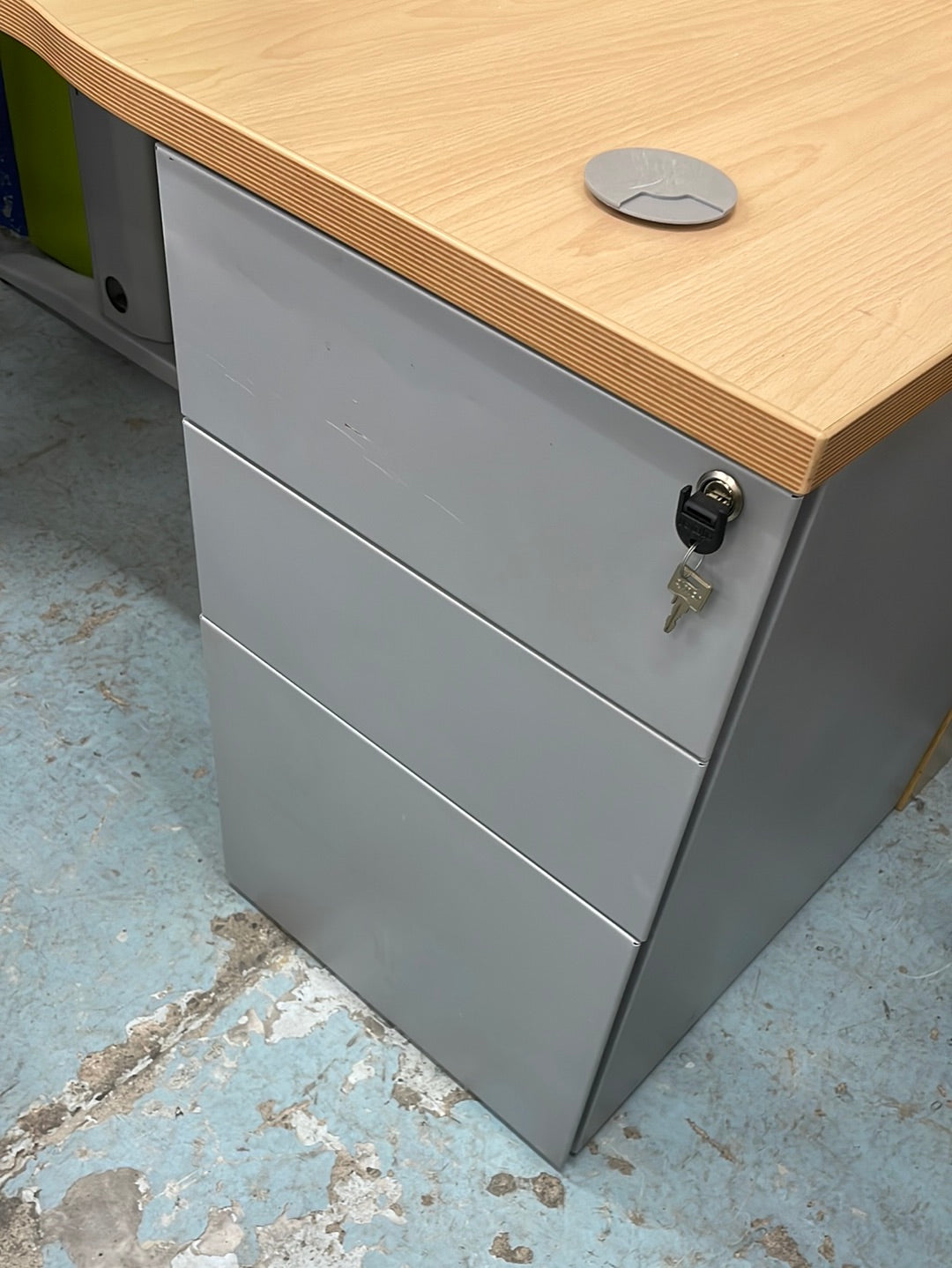 1600x1200 left hand beech radial desk with desk high metal pedestal an overhead matching storage unit