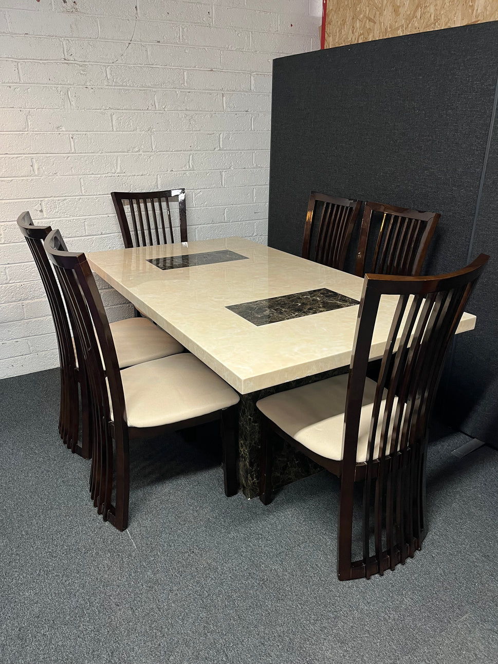 Marble effect large rectangular table (L 180 x W 100 cm) with 6 dark wood stained kitchen chairs with fabric seat 3225