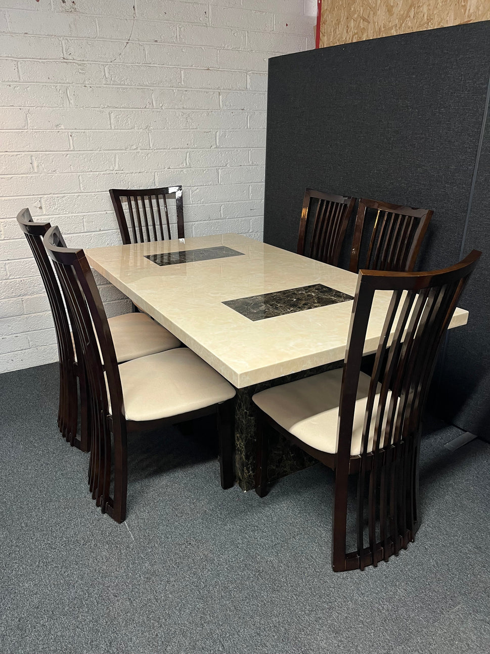 Marble effect large rectangular table (L 180 x W 100 cm) with 6 dark wood stained kitchen chairs with fabric seat 3225