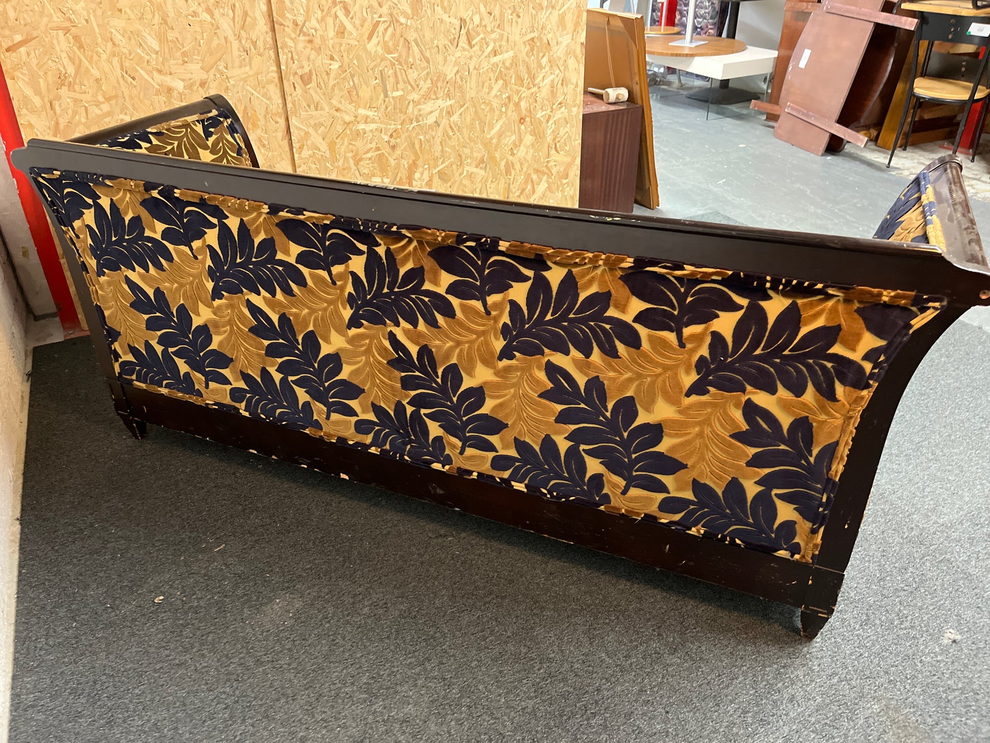 Ornate mahogany framed beige 2 seater sofa navy and brown floral fabric design  1325