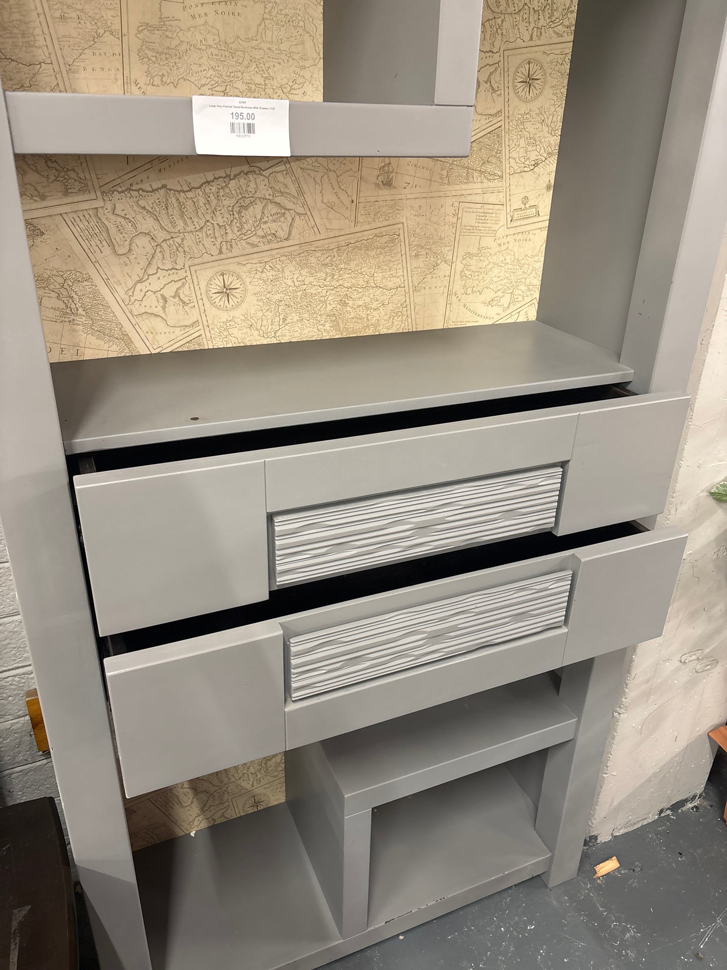 Large Grey Painted Tiered Bookcase With Drawers 3126