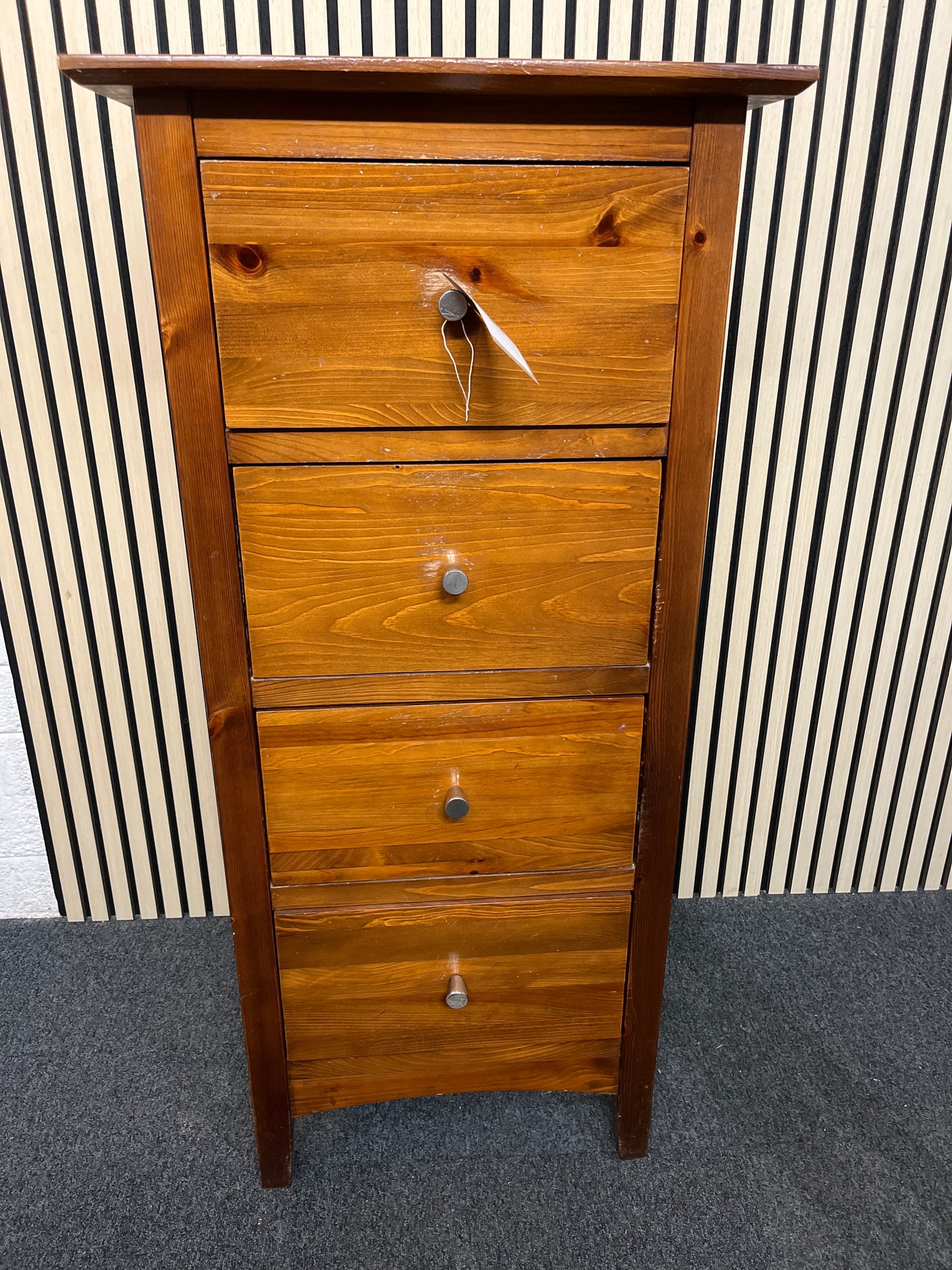 Tall dark pine stained 4 drawer tall boy (H 120 x W 56 x D 46 cm)