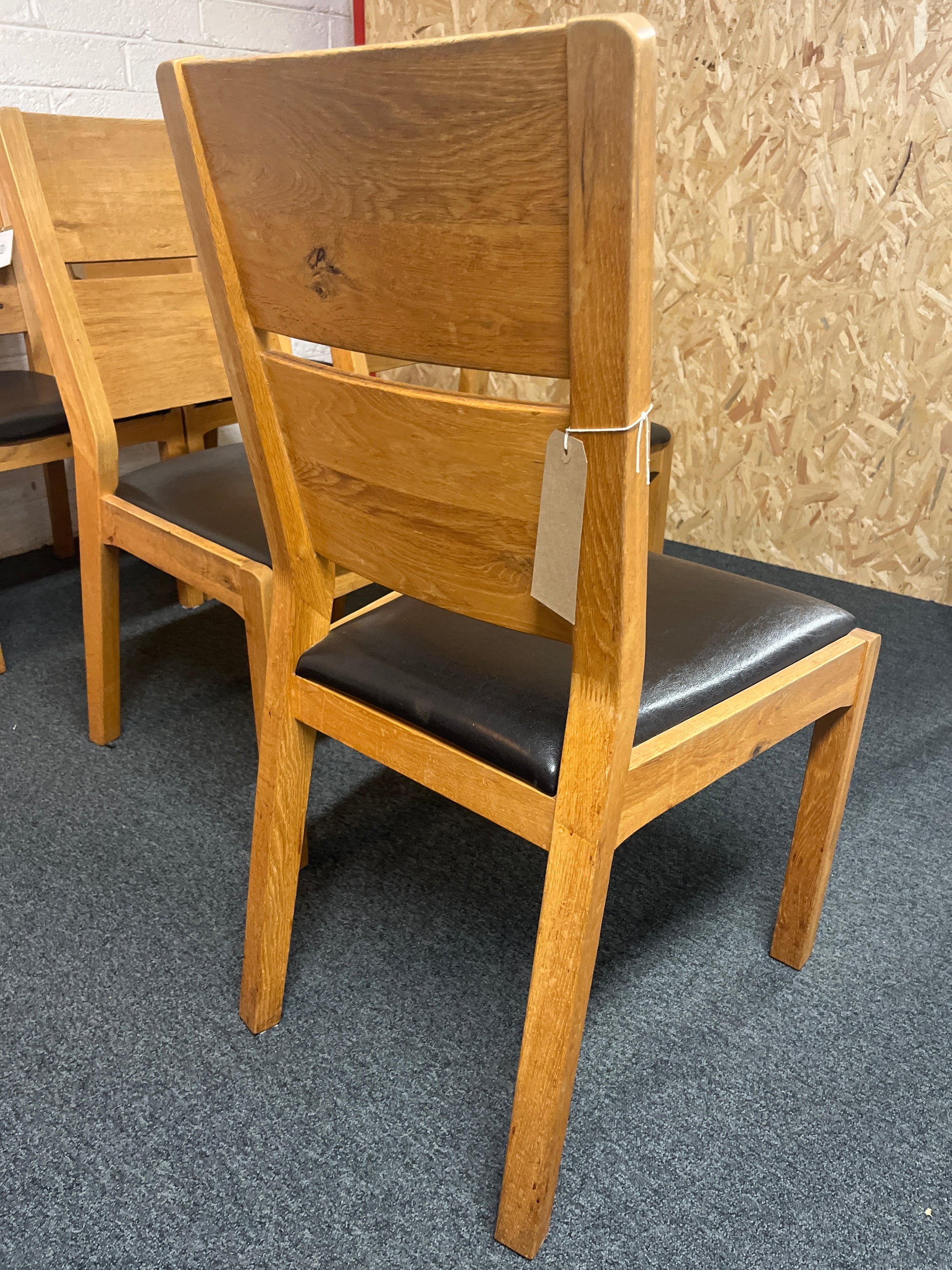 Solid oak high back kitchen chair with dark brown leather seat- set of 6 chairs 1325
