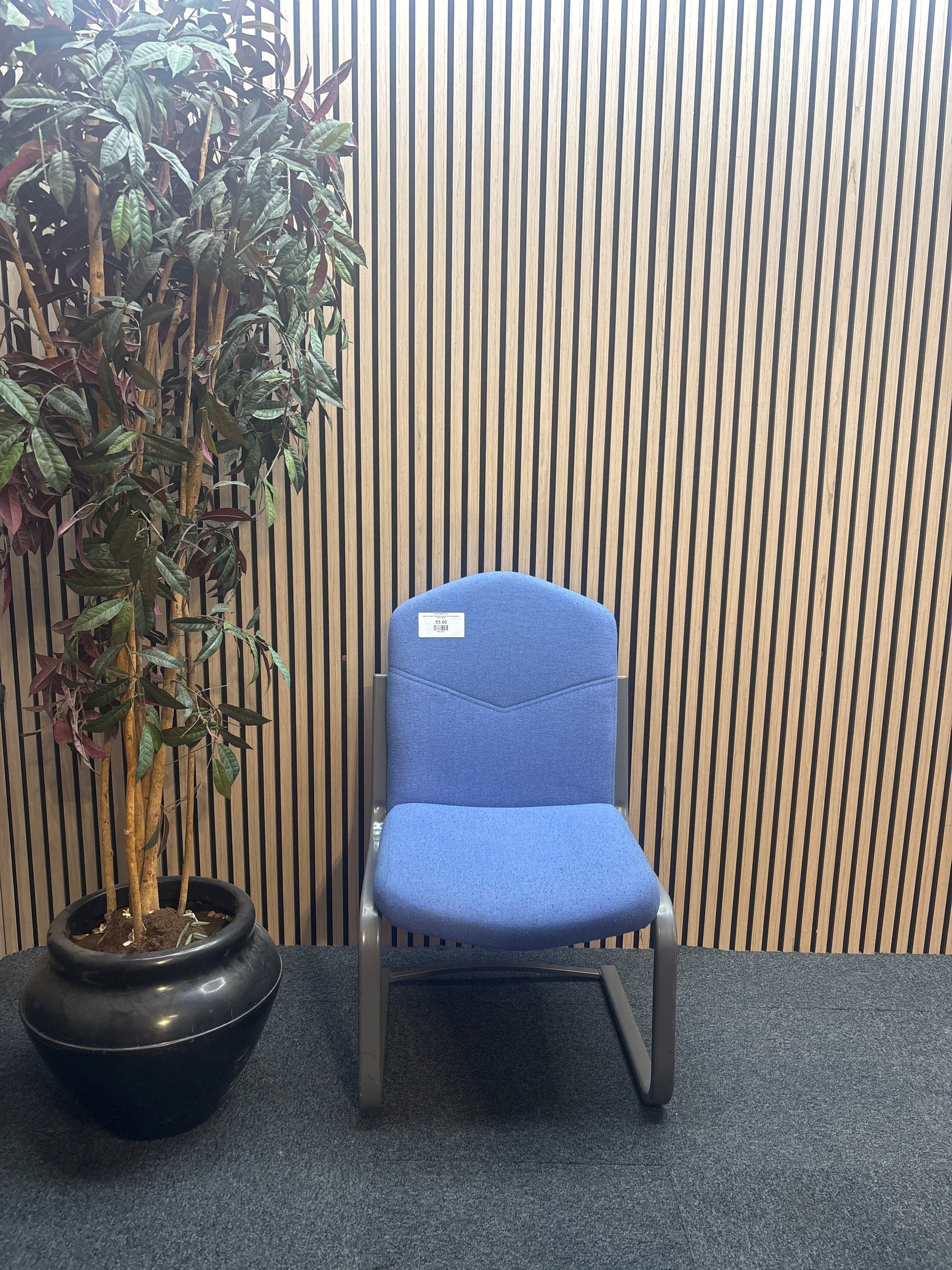 Light blue fabric cantilever meeting chair, grey powder coated frame