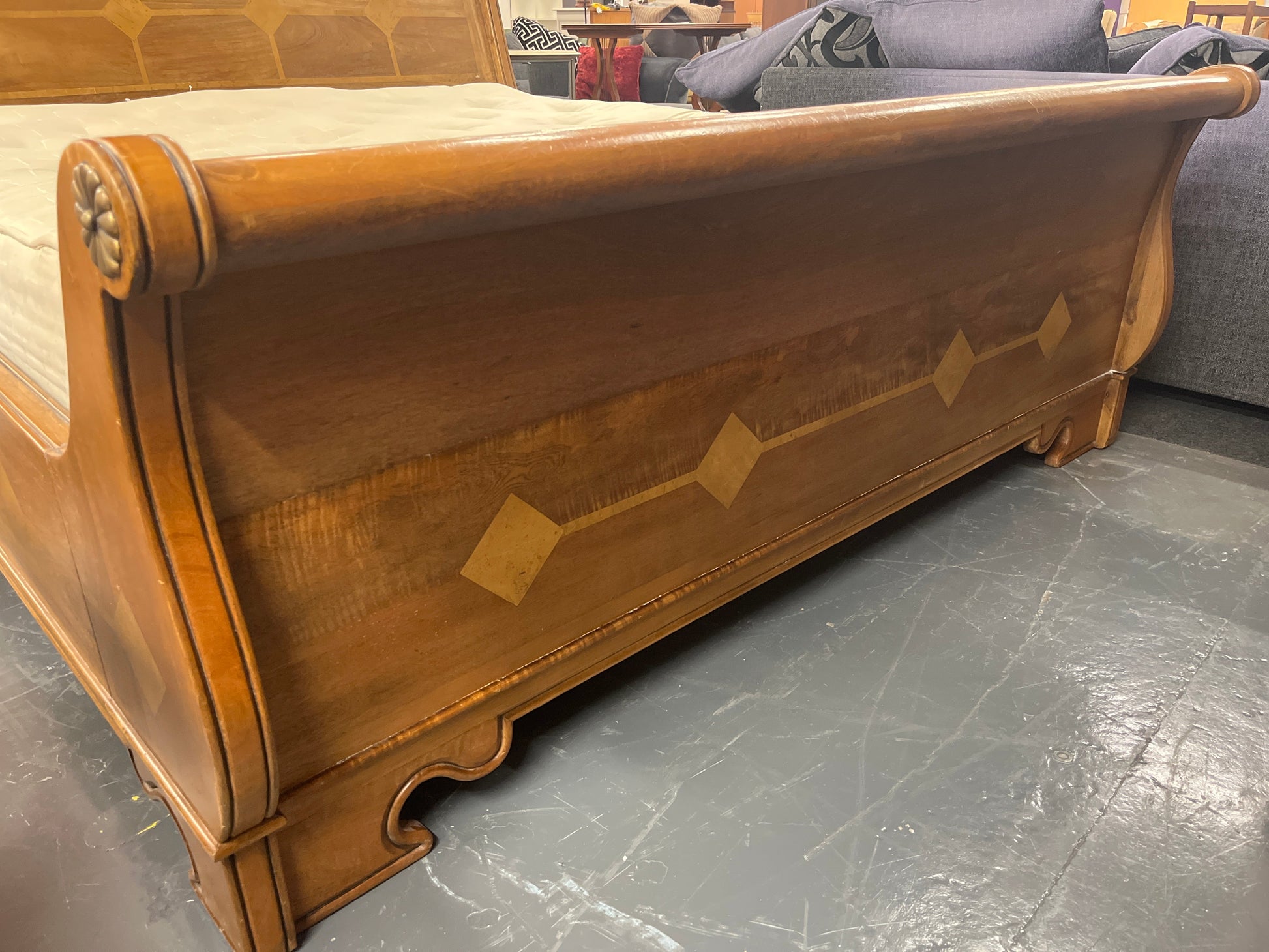 6ft high end mahogany sleigh bed frame with inalid detail. PART OF A SET BUT CAN BE SOLD SEPARATELY 2225