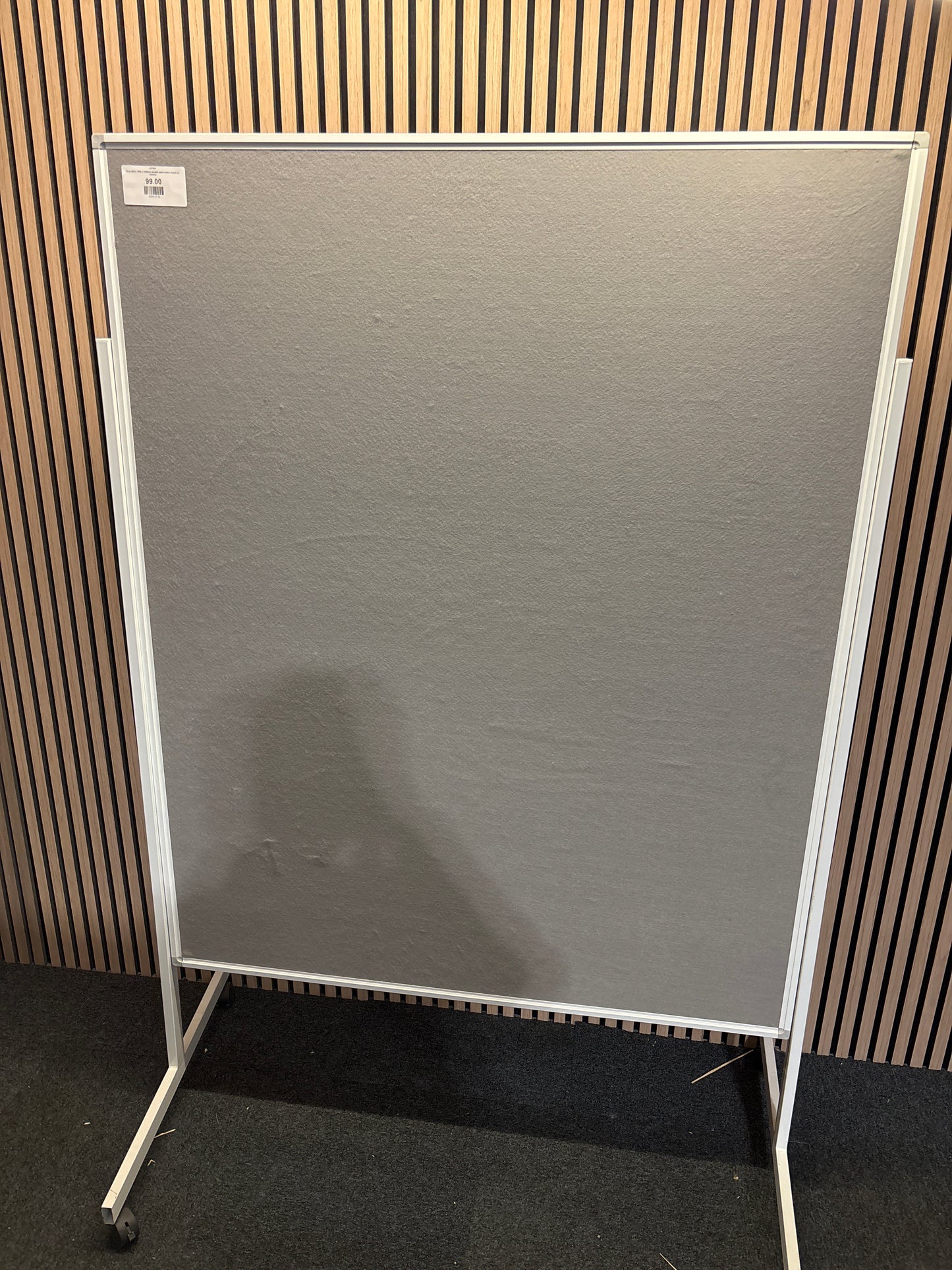 Grey fabric 1850 x 1250mm floor standing noticeboard on castors
