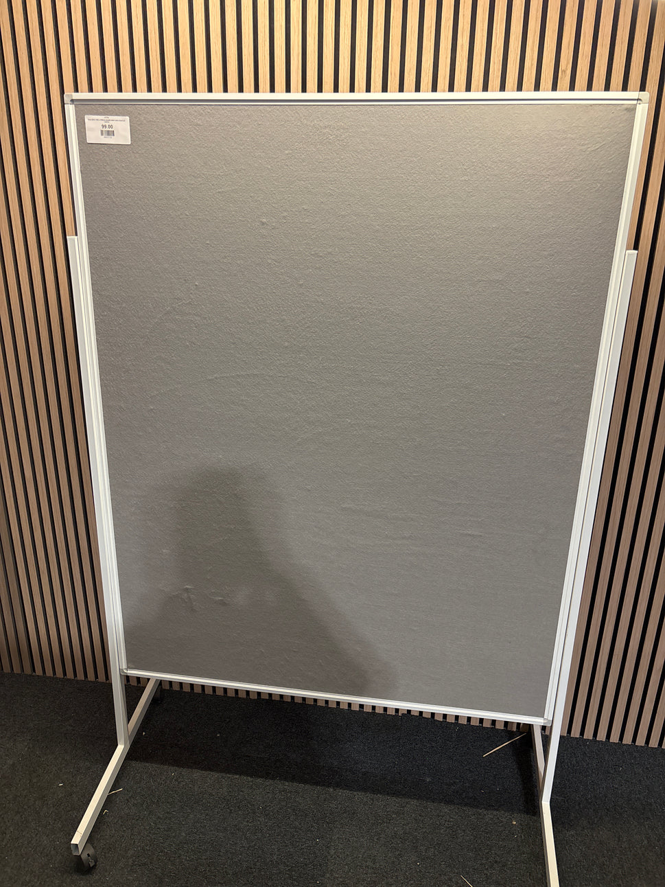 Grey fabric 1850 x 1250mm floor standing noticeboard on castors