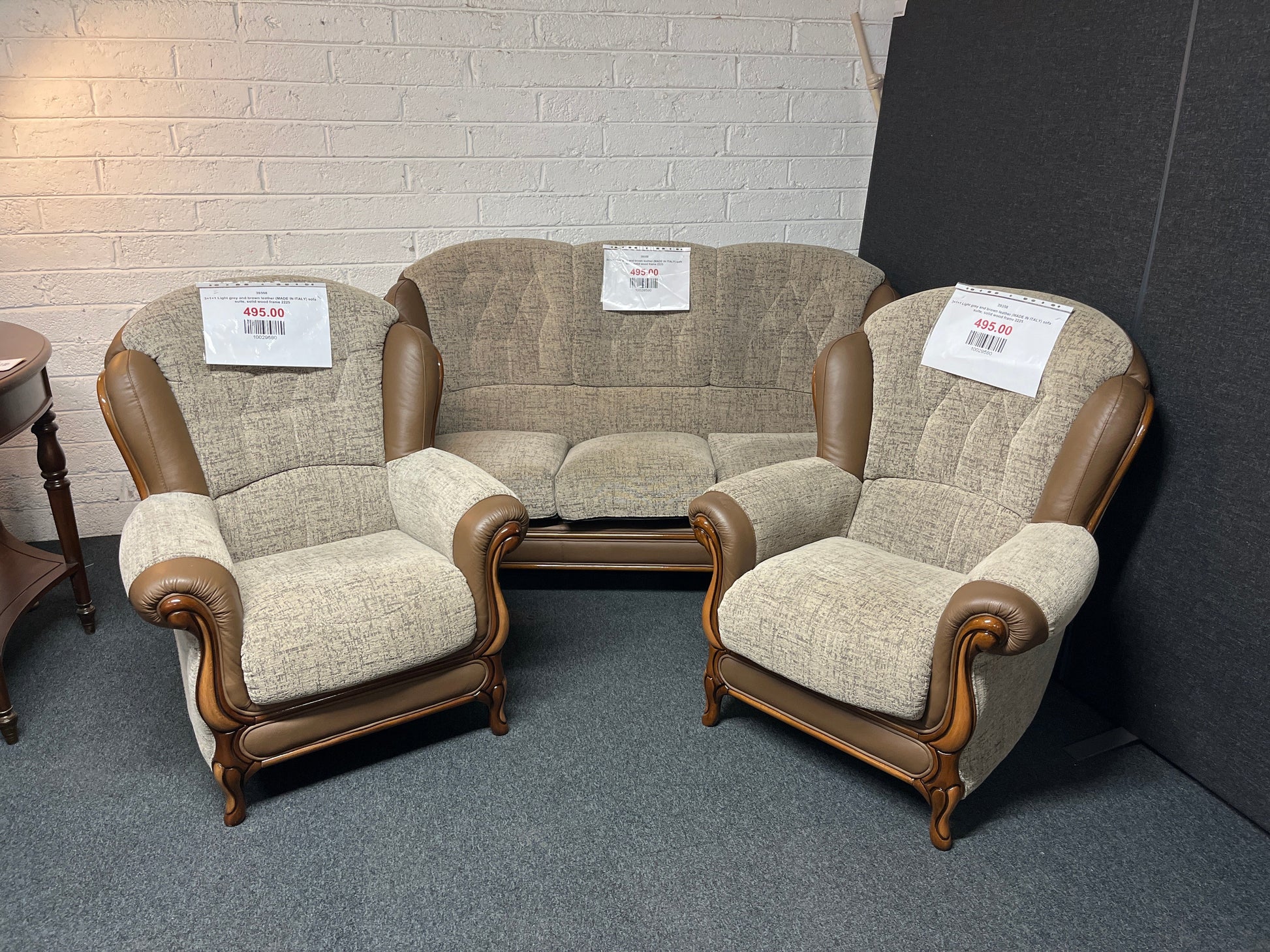 3+1+1 Light grey and brown leather (MADE IN ITALY) sofa suite, solid wood frame 2225