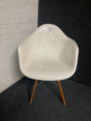 Switch Eames style polycarbonate gloss white tulip club chair, solid wood leg frame. Qty 10 no. AVAILABLE 1225 2 image