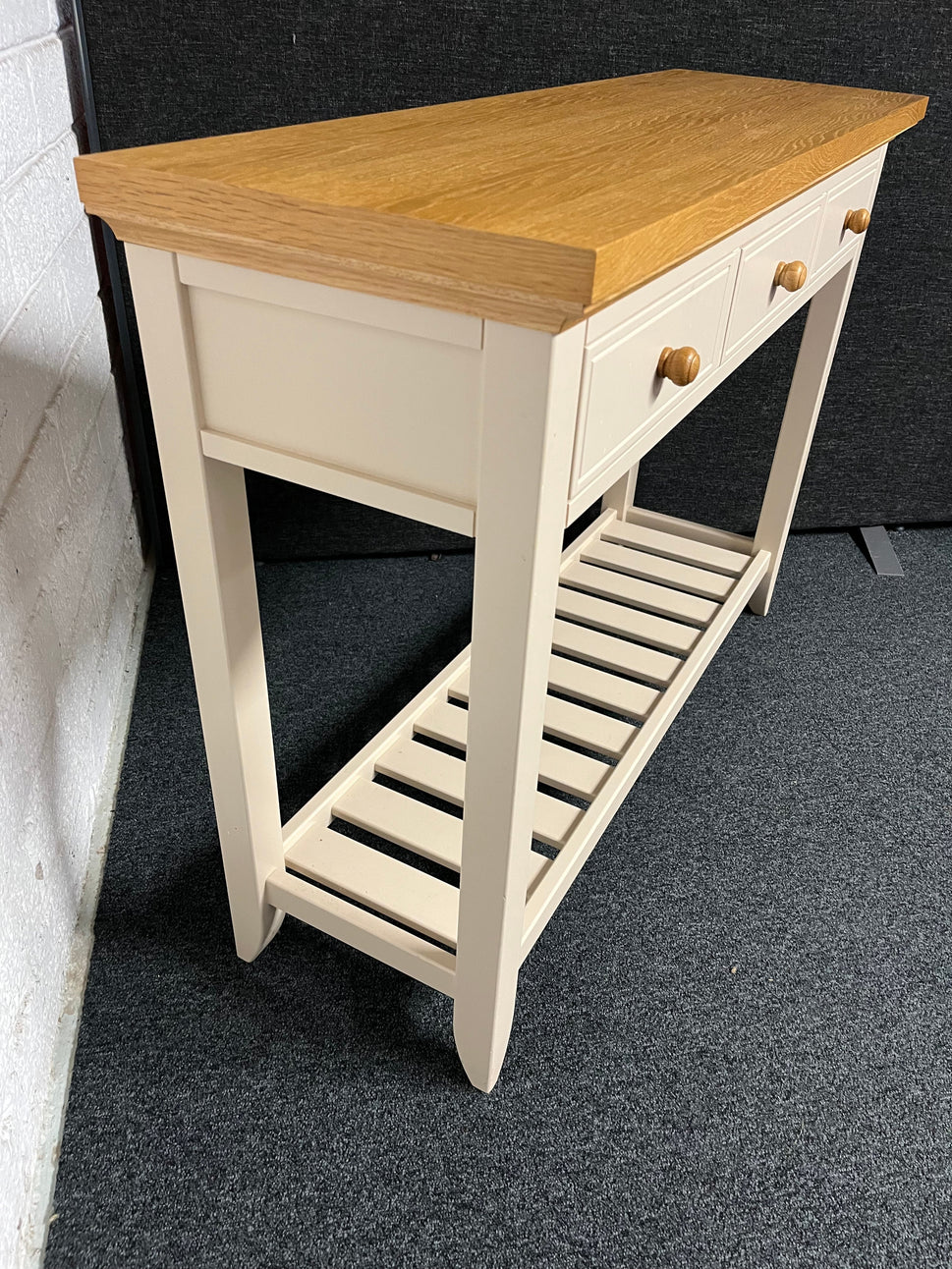 Solid oak top slim console table with cream painted frame, 3 drawers and shelf  1225