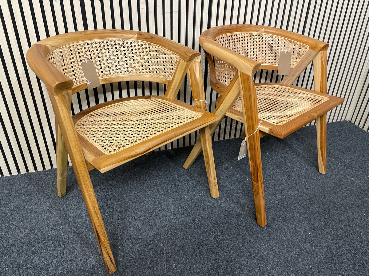 Pair of solid wood curved back occasional chair with rattan style seat  44433