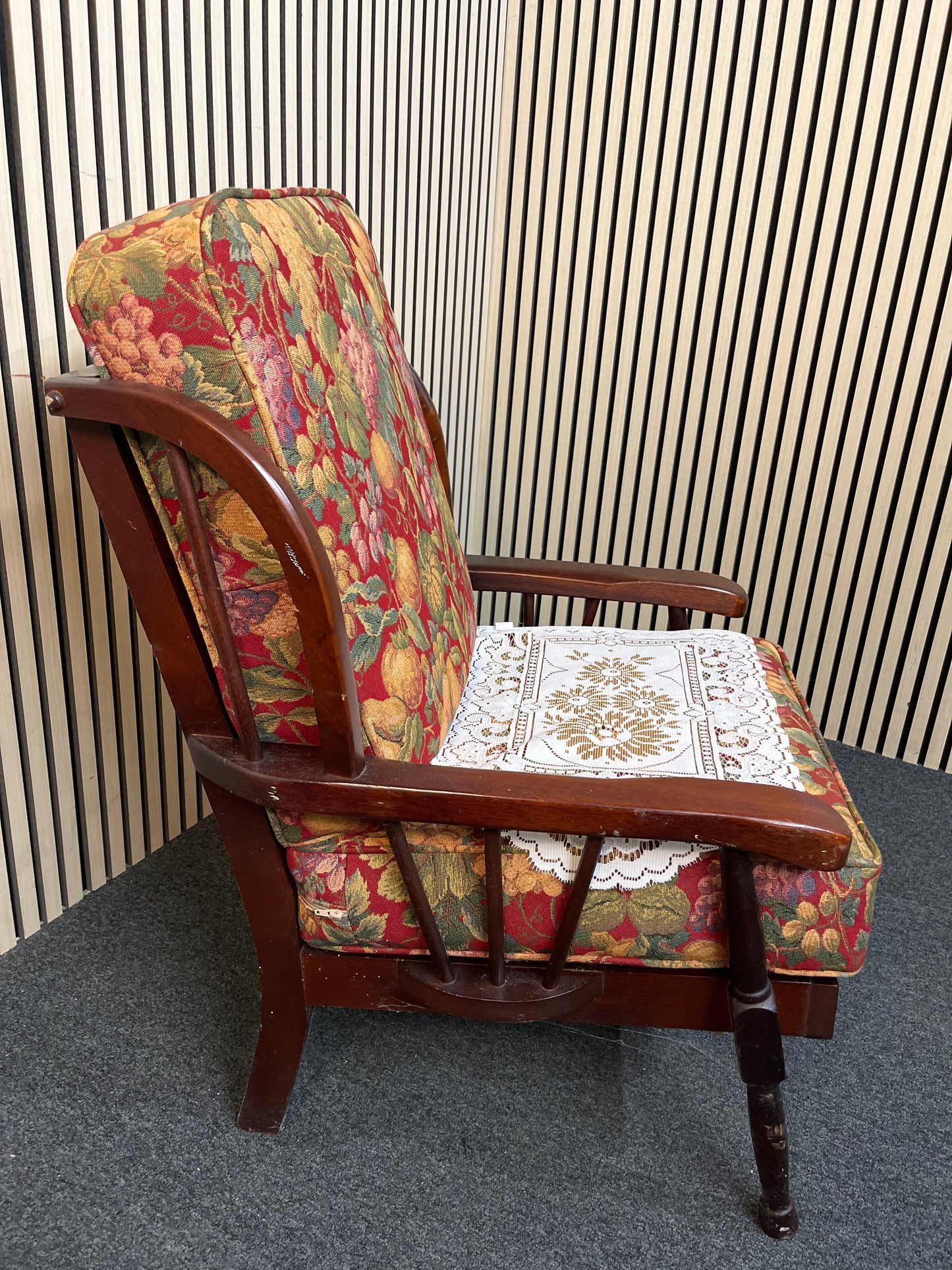 Dark wood stained fireside armchair with floral tapestry cushion 3325