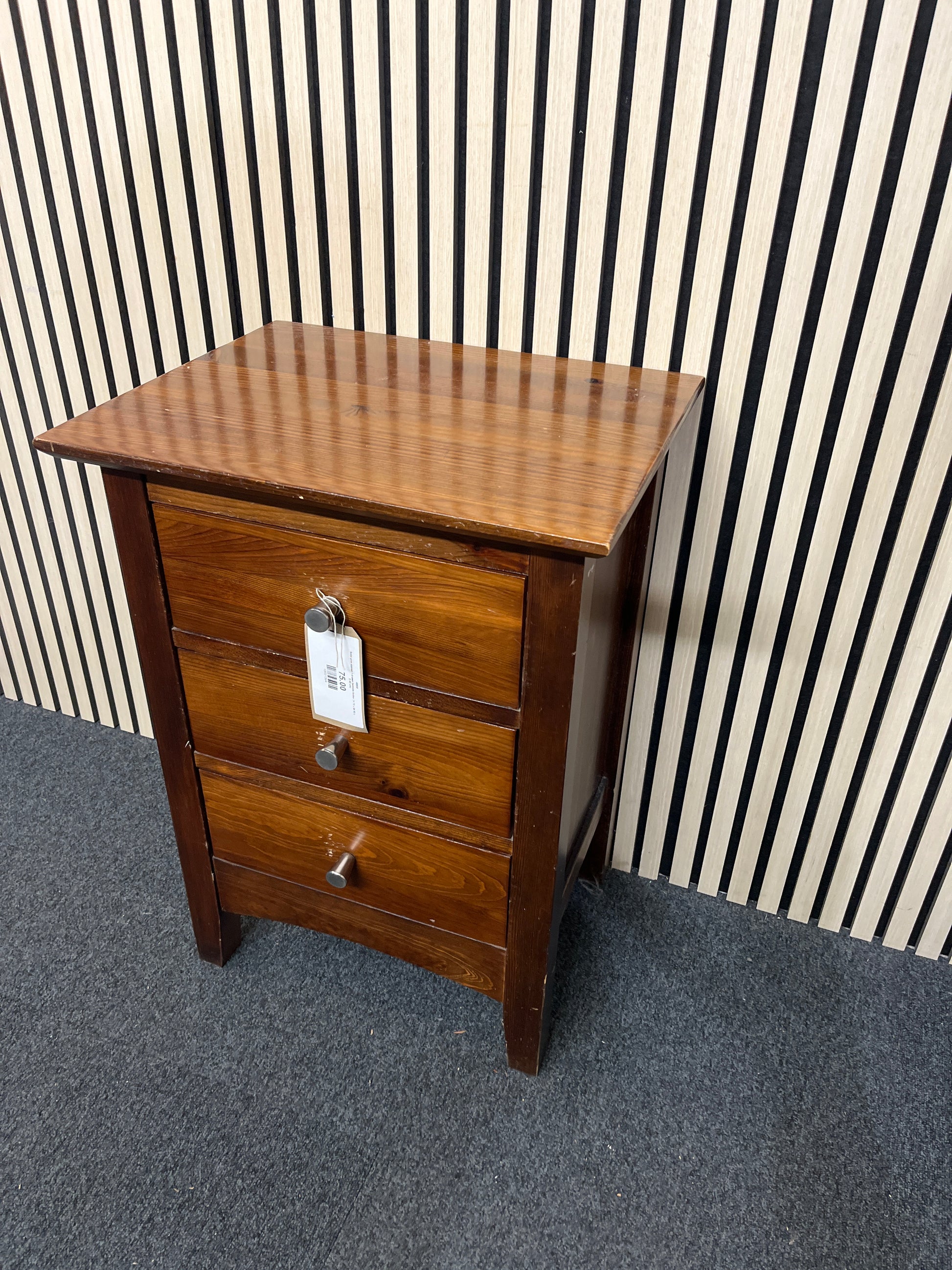 Solid pine stained 3 drawer bedside locker (H 70 x W 50 x D 40 cm)