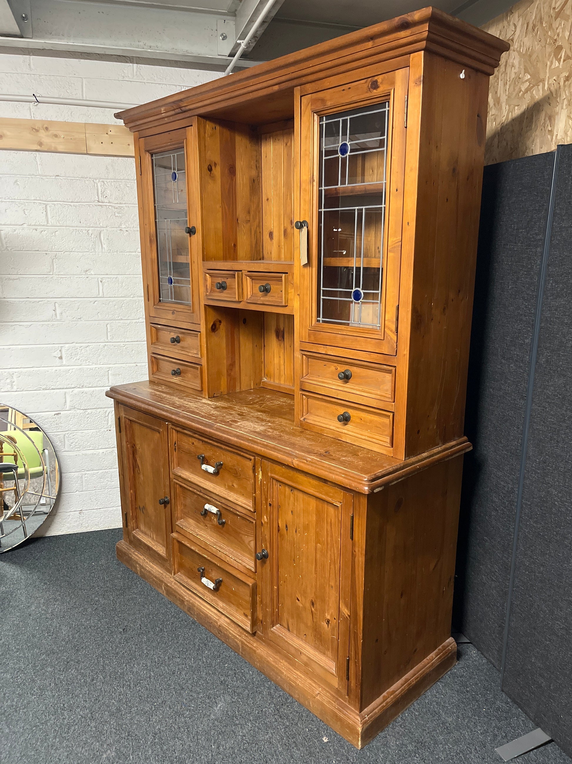 Large solid pine stained 2 glass door kitchen dresser with base storage (H 2120  x W 1660 x D 580 mm) 1225