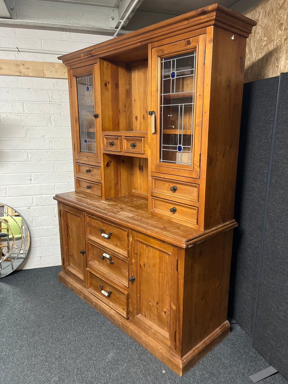 Large solid pine stained 2 glass door kitchen dresser with base storage (H 2120  x W 1660 x D 580 mm) 1225