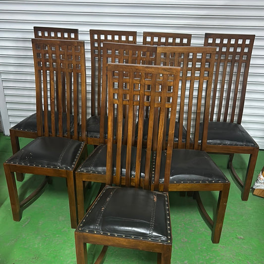 High slatted back solid wood dining chair with brown leather seat cushion 1224