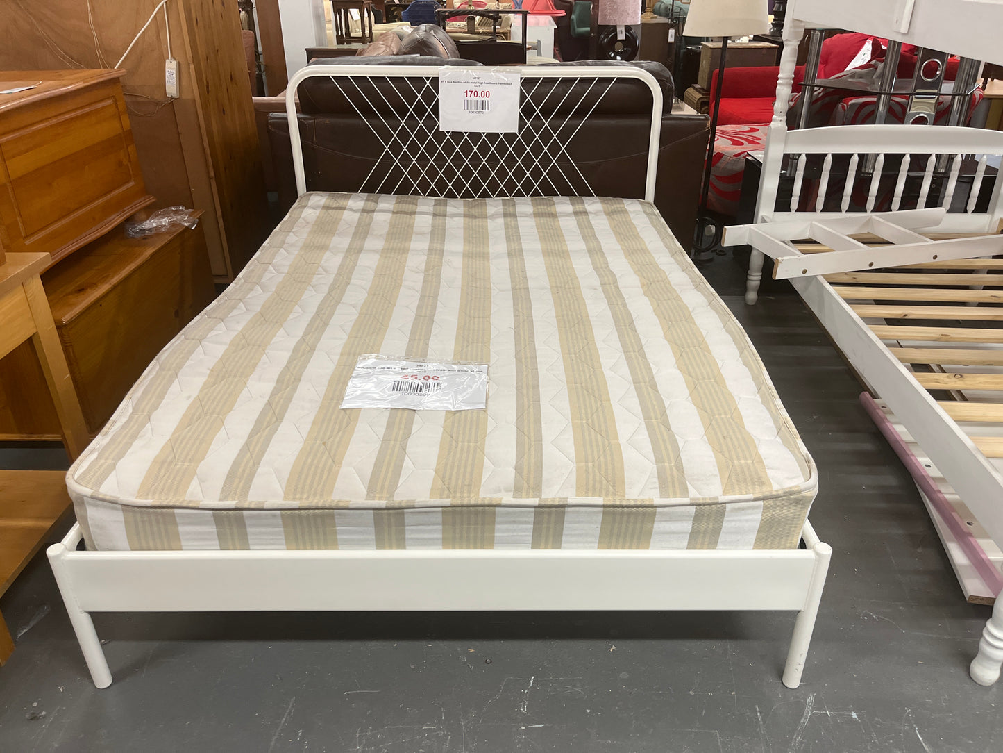 4ft 6 Ikea Nesttun white metal high headboard framed bed 3225